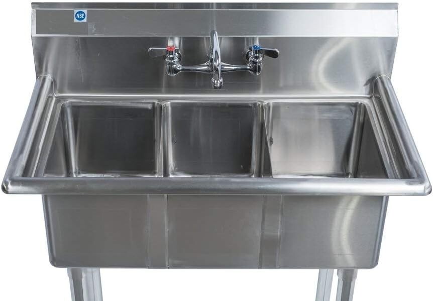 Commercial Stainless Steel Kitchen Three 3 Compartment Bay Sink with 10" Faucet