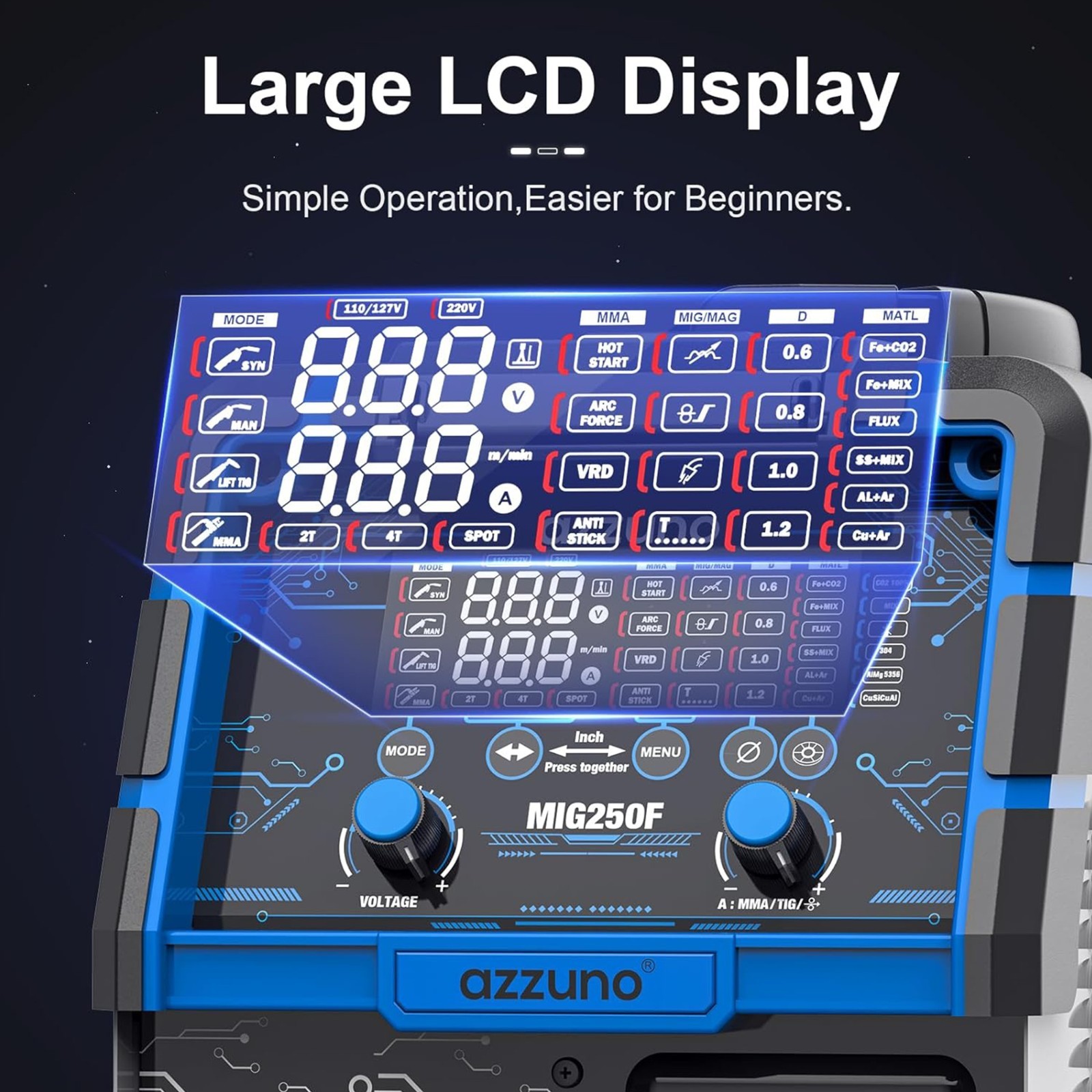 250A Aluminum MIG Welder, 6 in1 Large LED Display 110V/220V Multi Process Welder