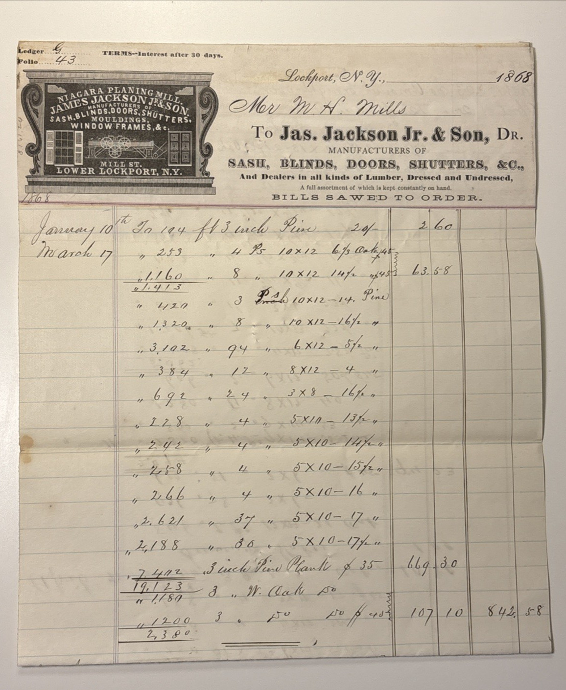 Lockport NY Niagara Planing Mill Lumber Billhead New York