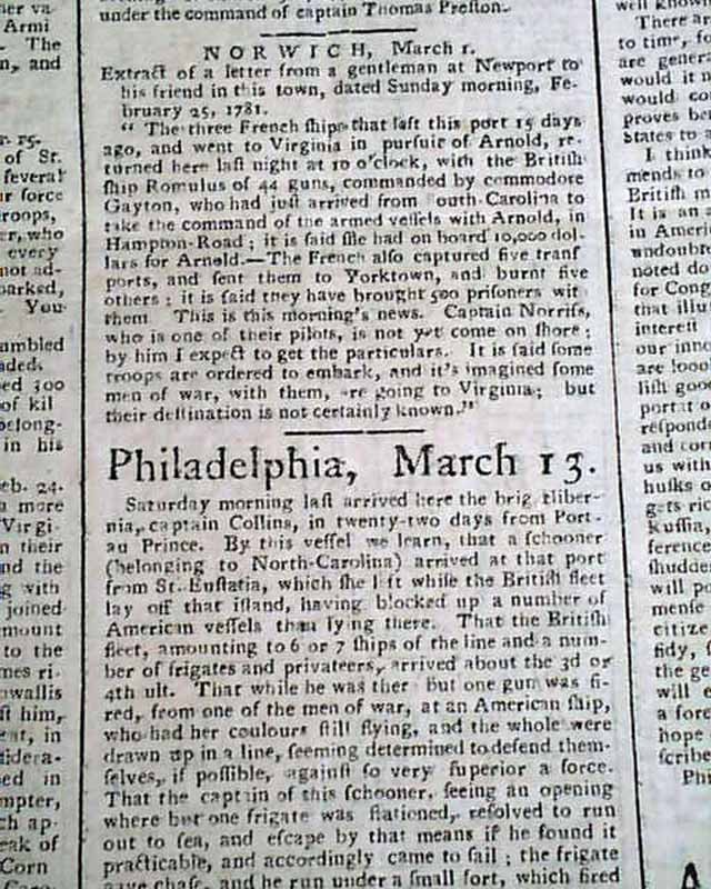AMERICAN REVOLUTIONARY WAR Benedict Arnold John Andre Cowpens SC 1781 Newspaper
