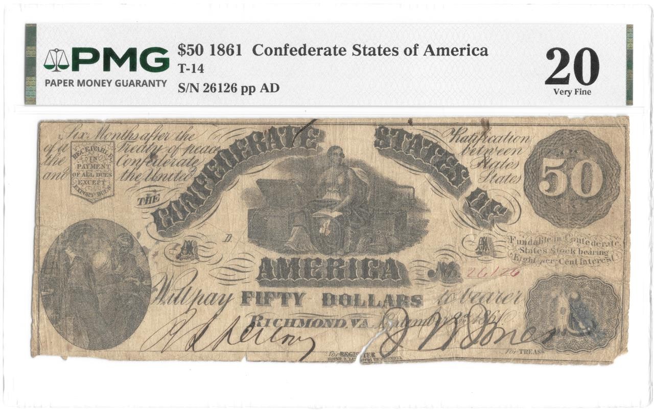T-14 $50 Confederate 1861 PF-3 Rare Plate State No Flourishes Amer R11 PMG VF 20