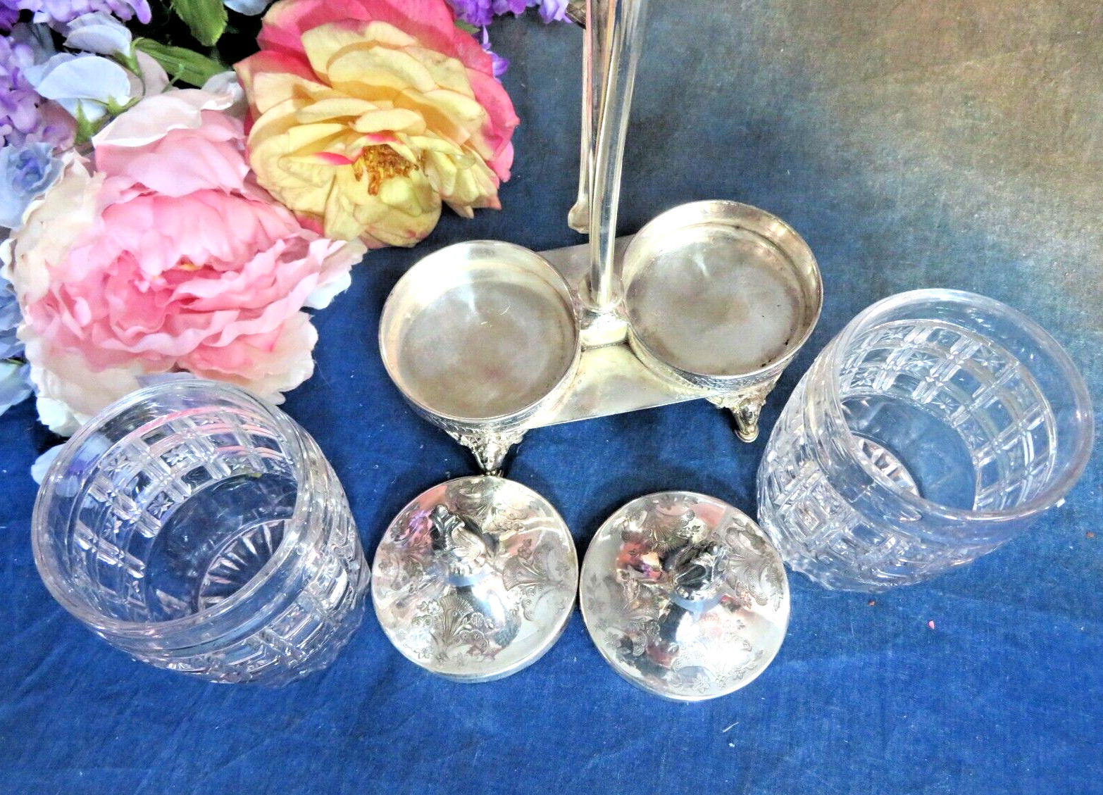 Pickle Castor silver plate frame Meriden B double EAPG jars Antique Victorian