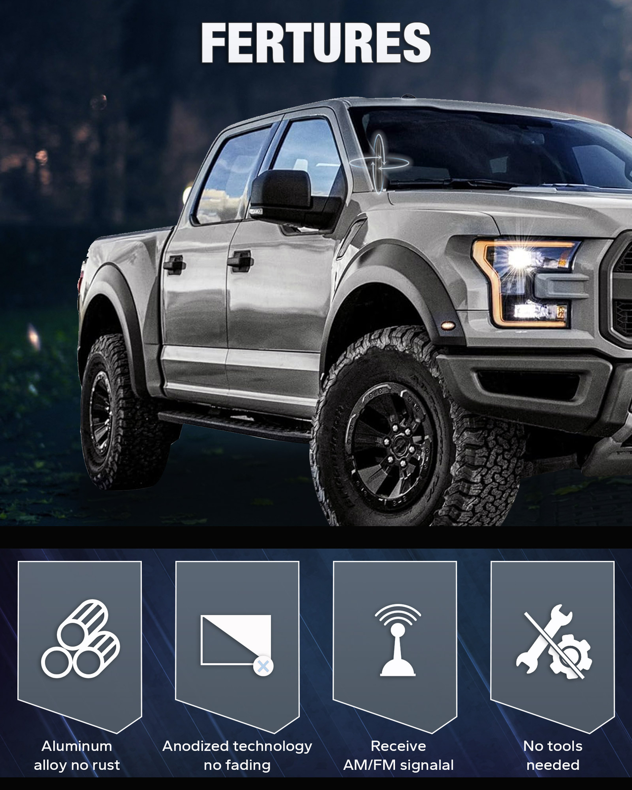 Bullet Antenna 50 Cal Caliber For Truck Dodge Ram 1500 Ford F150 Raptor Bronco