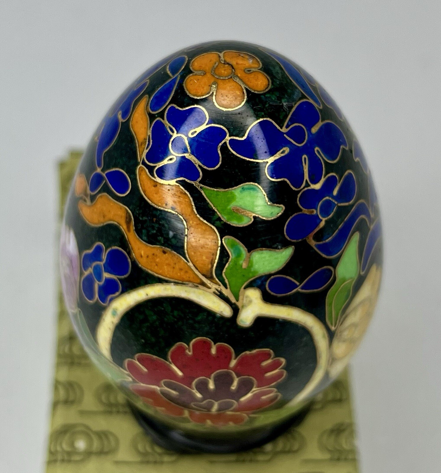 Vintage Chinese Black Cloisonné Enamel Copper Egg Pink Flowers Wood Stand In Box