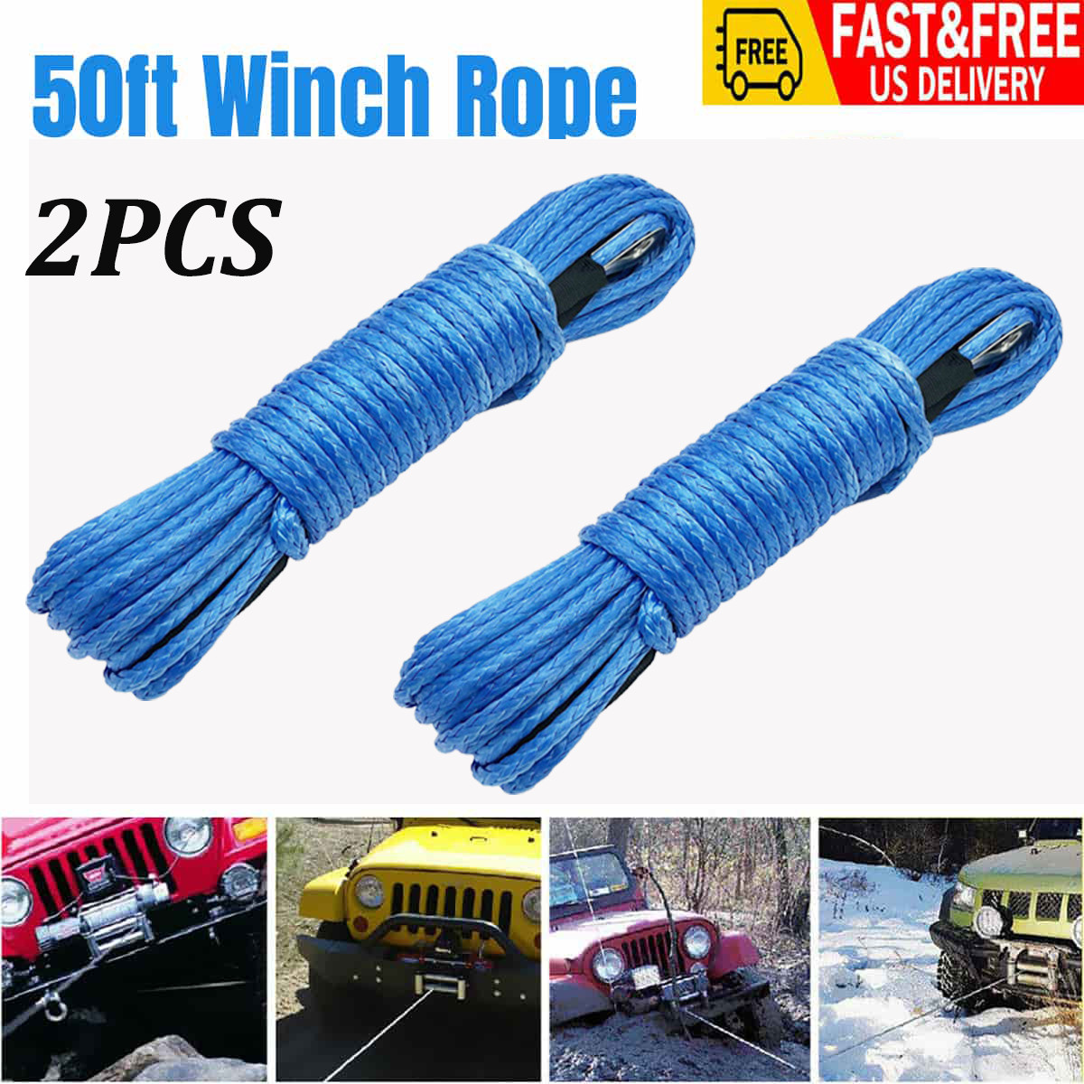 2PCS Synthetic Winch Rope Line 1/4"x 50' 10000LBS Recovery Cable 4WD ATV UTV AB