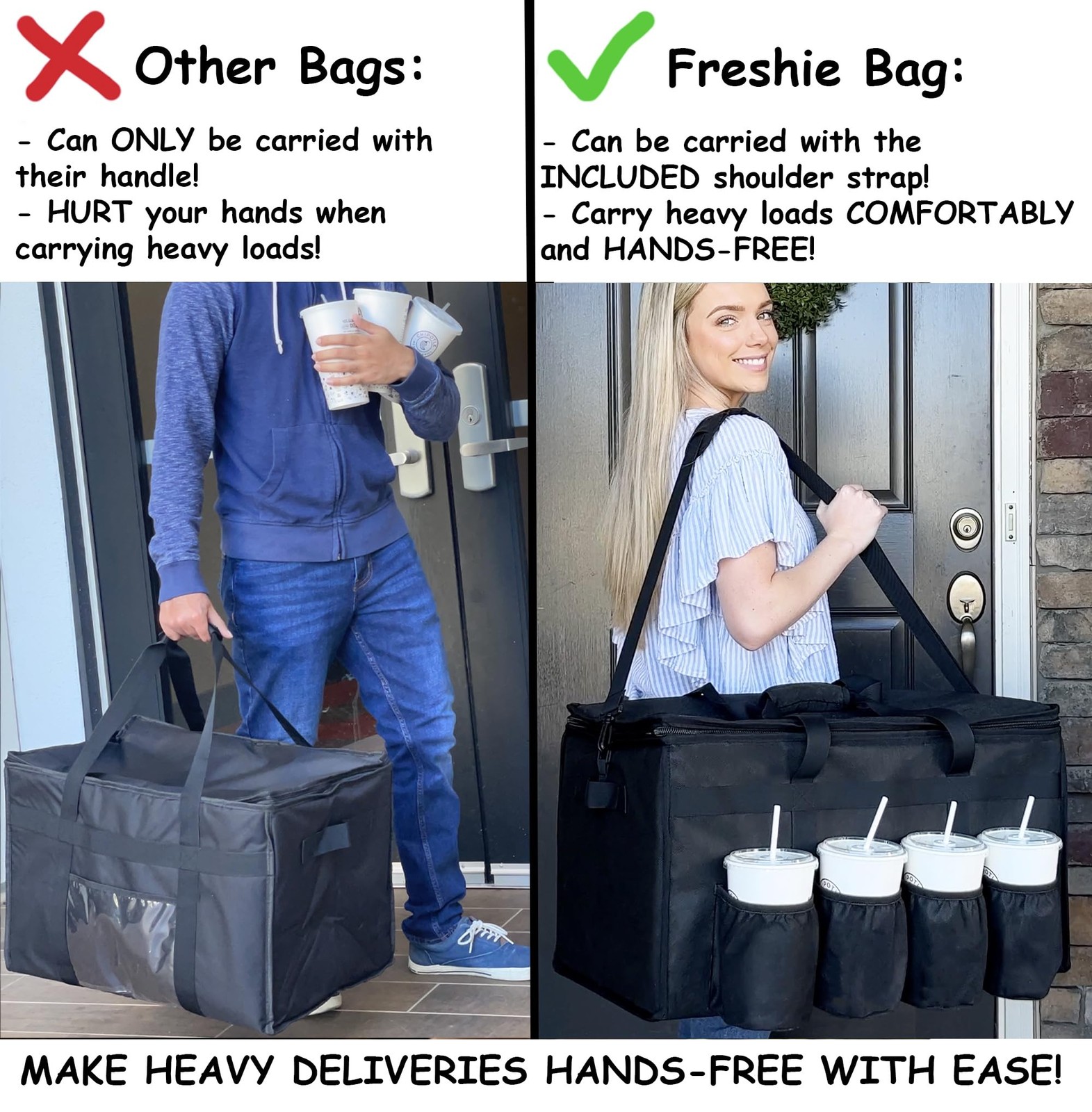 Insulated Delivery Bag with Cup Holders/Drink Carriers Premium, for Doordash