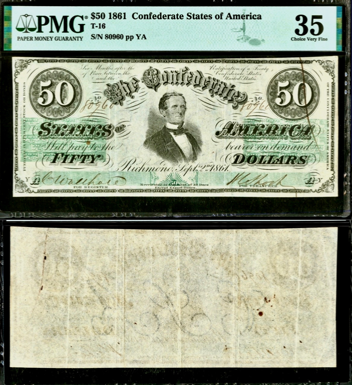 1861 CSA Confederate States of America $50 Banknote T-16 Cr.81 PMG Choice VF35