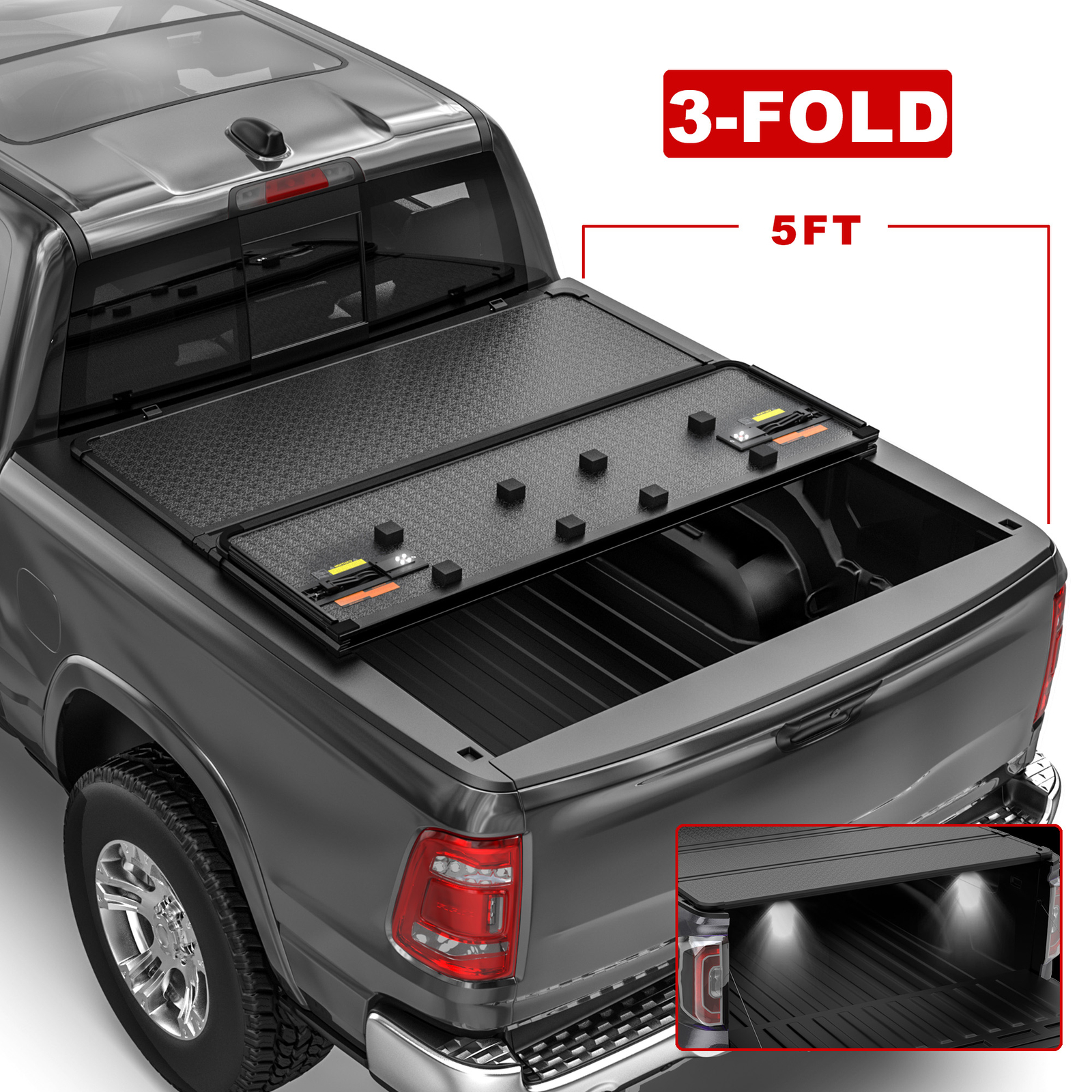 3-Fold 5FT Hard Tonneau Cover For 2019-2024 Ford Ranger Truck Bed Waterproof