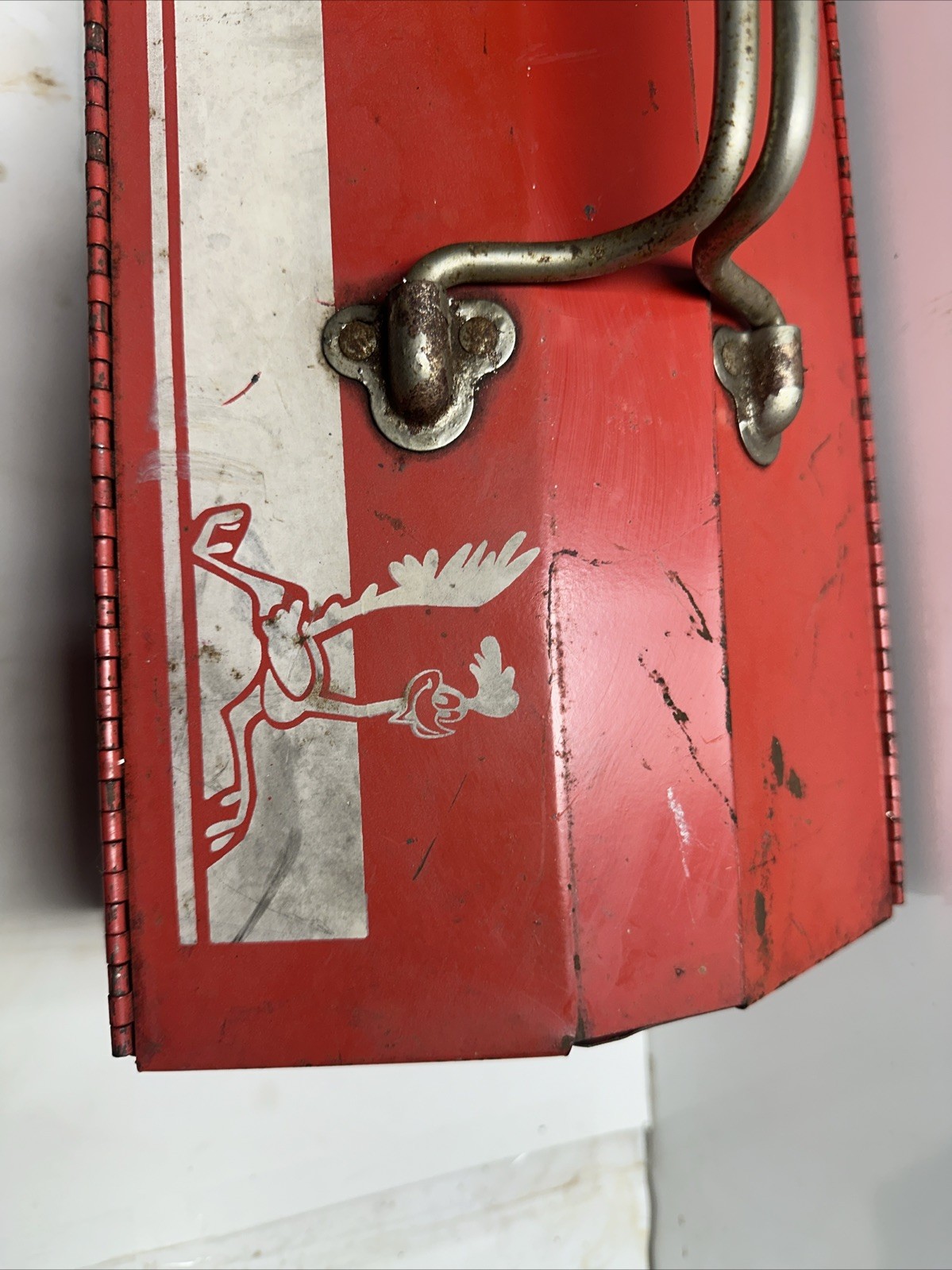 Vintage Metal Tool Box Red with White Road Runner Decal