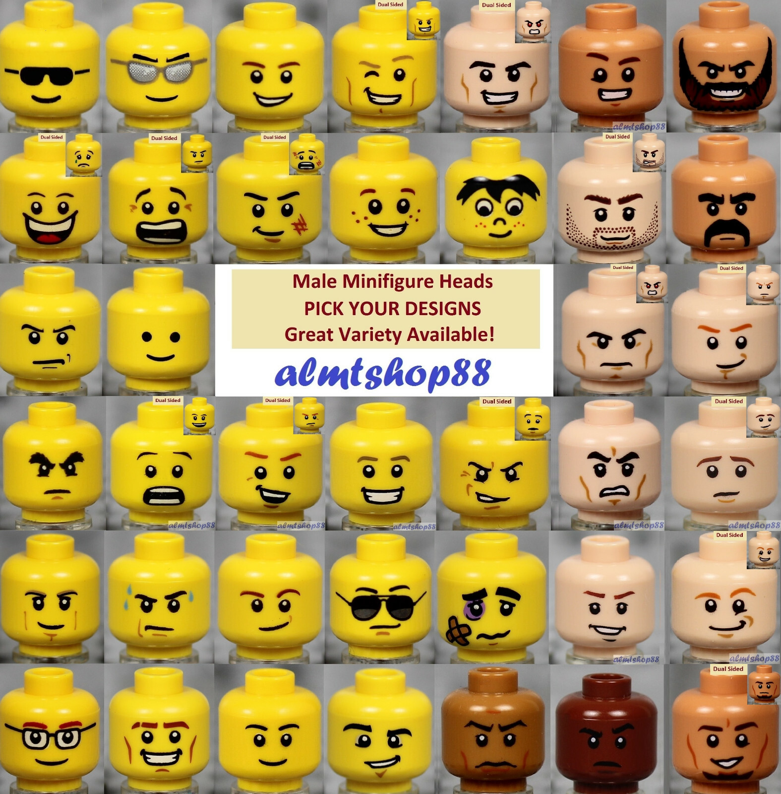 LEGO - MALE Minifigure Heads - PICK YOUR STYLE - Yellow Flesh Faces People Town