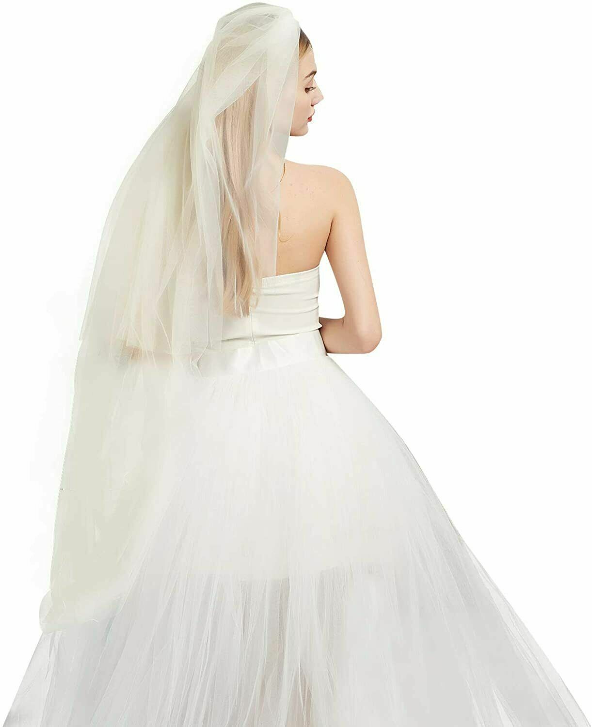 2-Tier Wedding Bridal Veil with Comb White Ivory Cut Edge Waltz Length