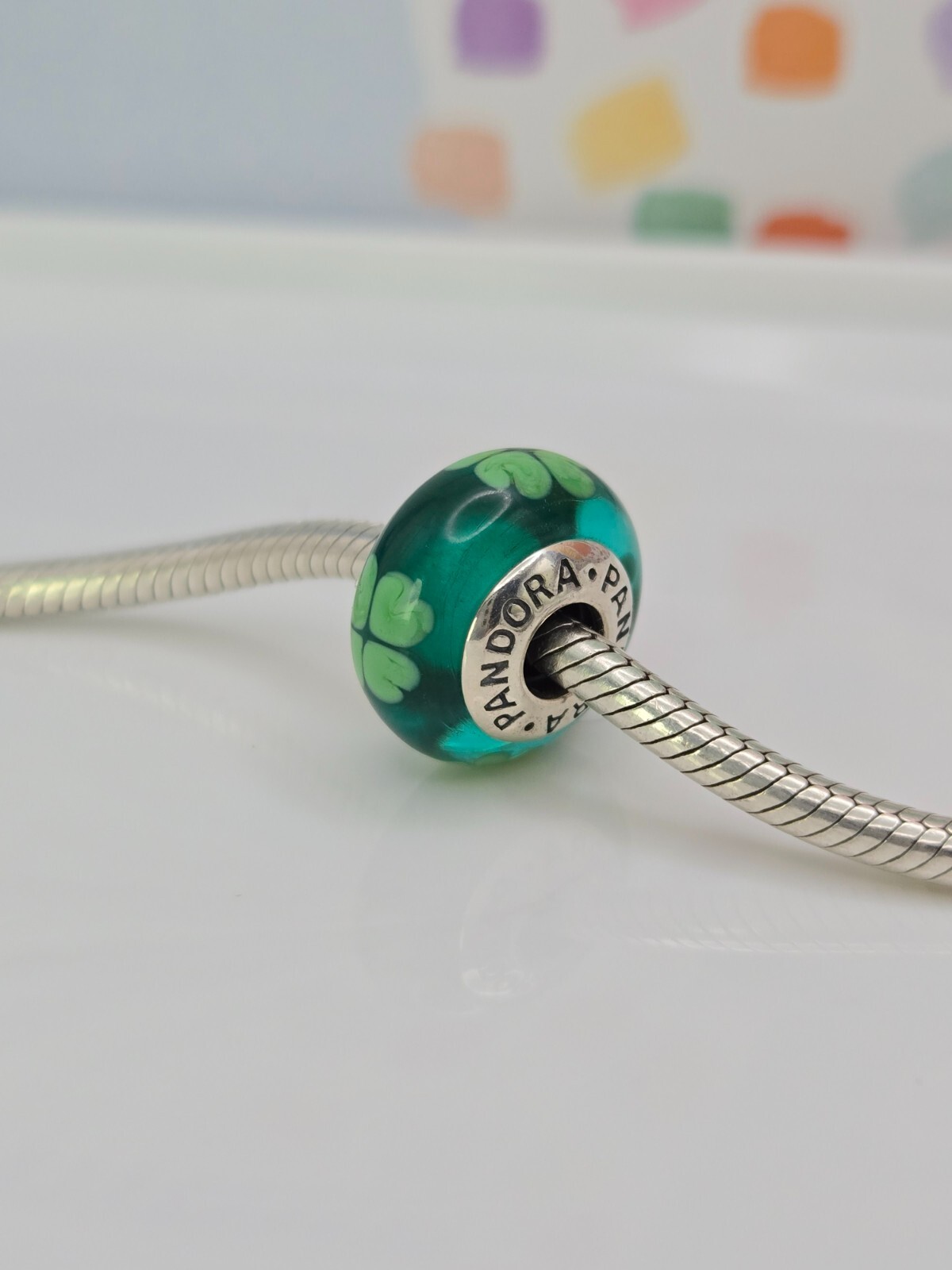 Authentic Pandora Green Lucky Clover Murano Silver Bead glass moments Charm