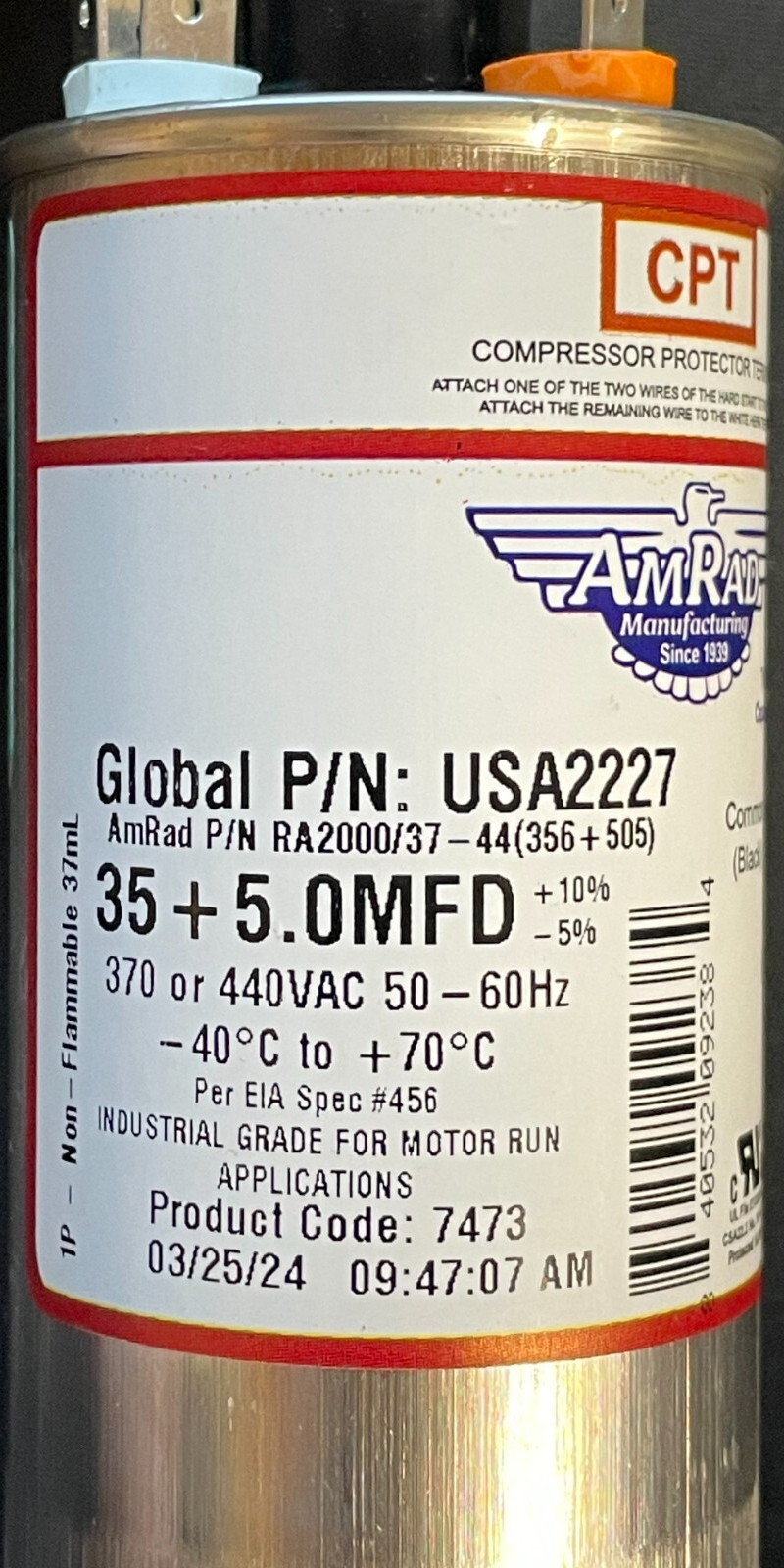 AmRad Round Run Capacitor 35/5 MFD 370/440 VAC USA2227