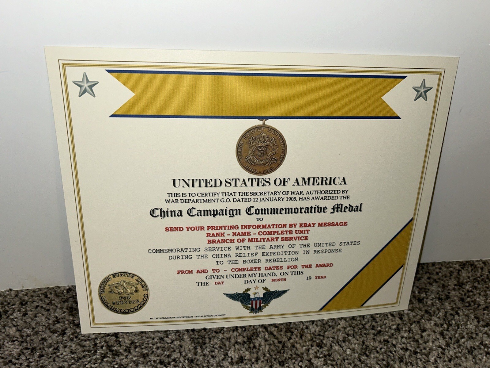 CHINA CAMPAIGN (ARMY) COMMEMORATIVE MEDAL CERTIFICATE ~ W/PRINTING TYPE-1