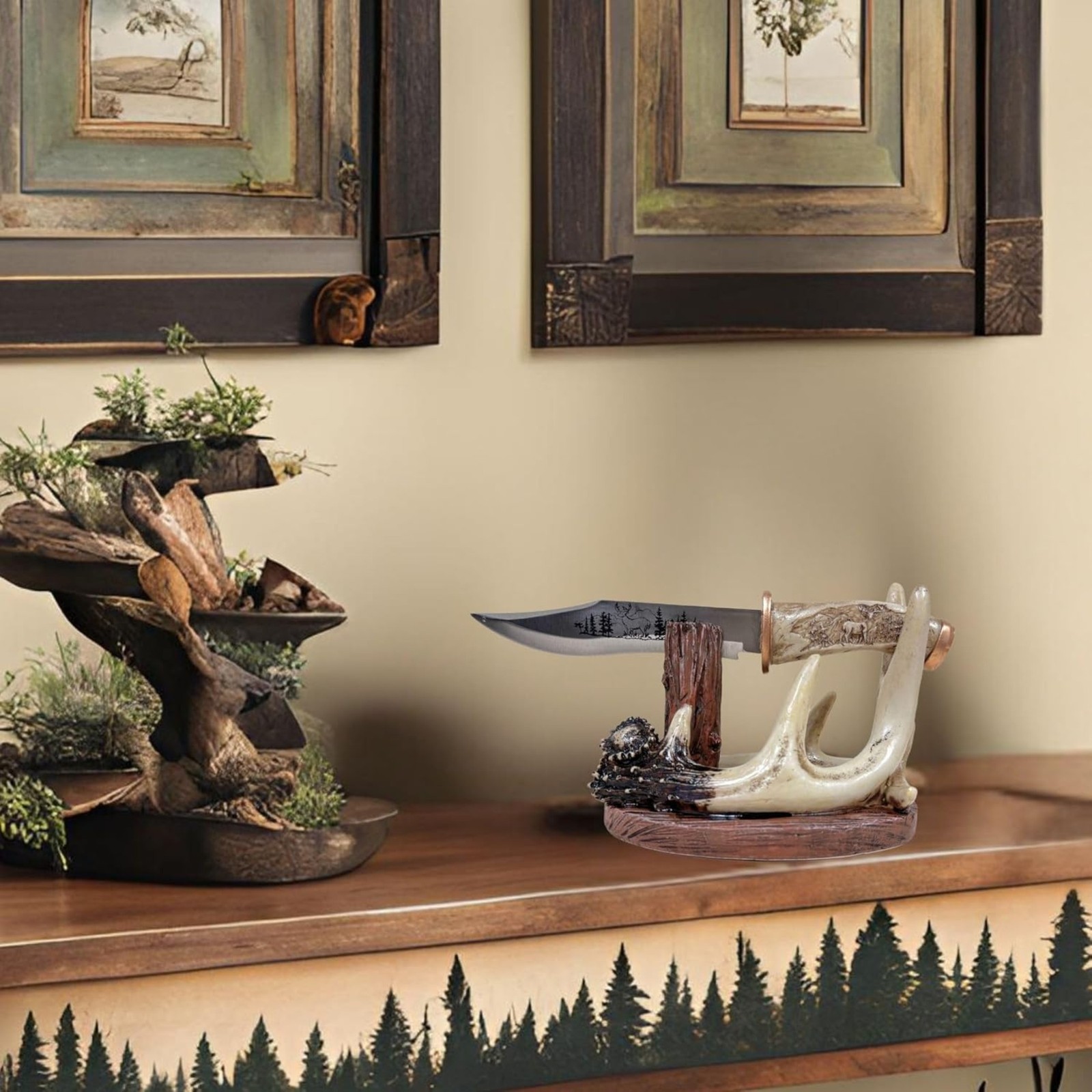 Deer Buck Blade Knife with Faux Antler Stand – Cabin & Hunting Decor