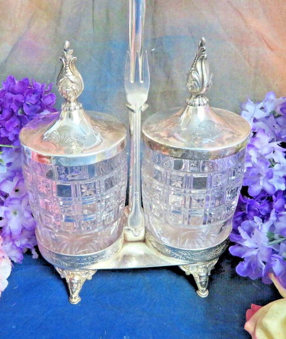 Pickle Castor silver plate frame Meriden B double EAPG jars Antique Victorian