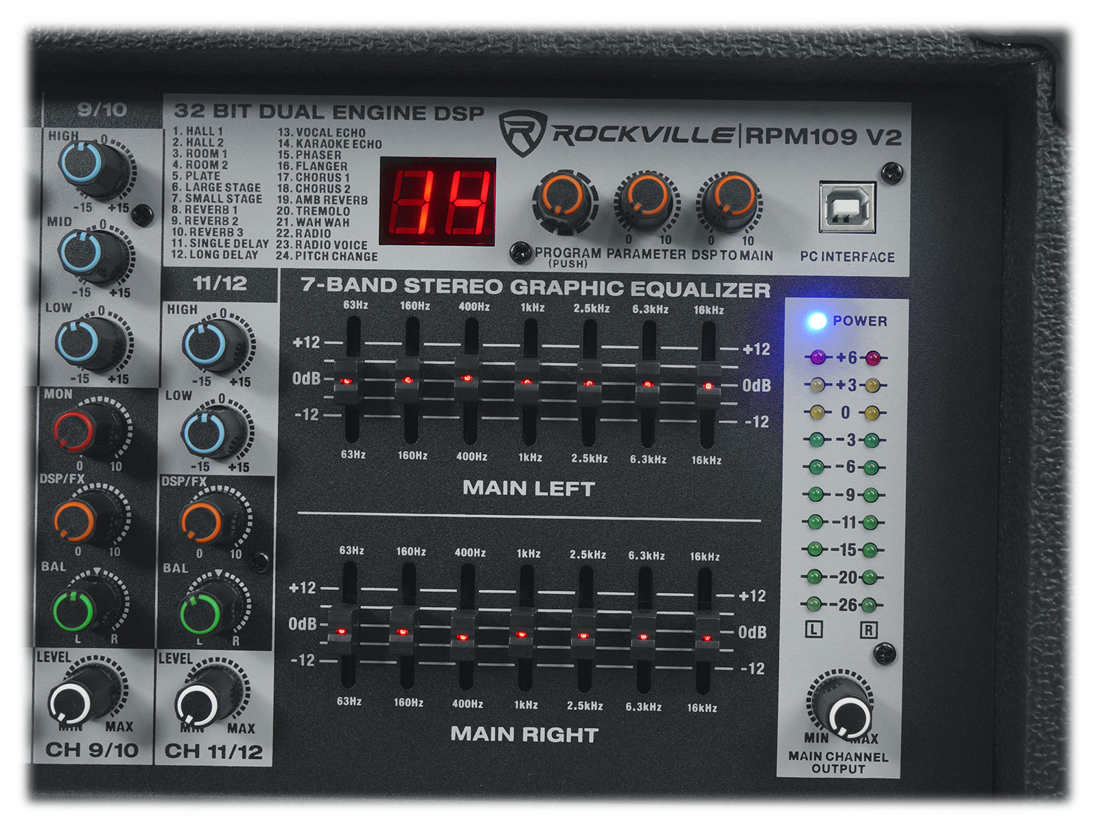 Rockville RPM109 V2 12 Channel 4800w Powered Mixer, 7 Band EQ, Effects, USB, 48V