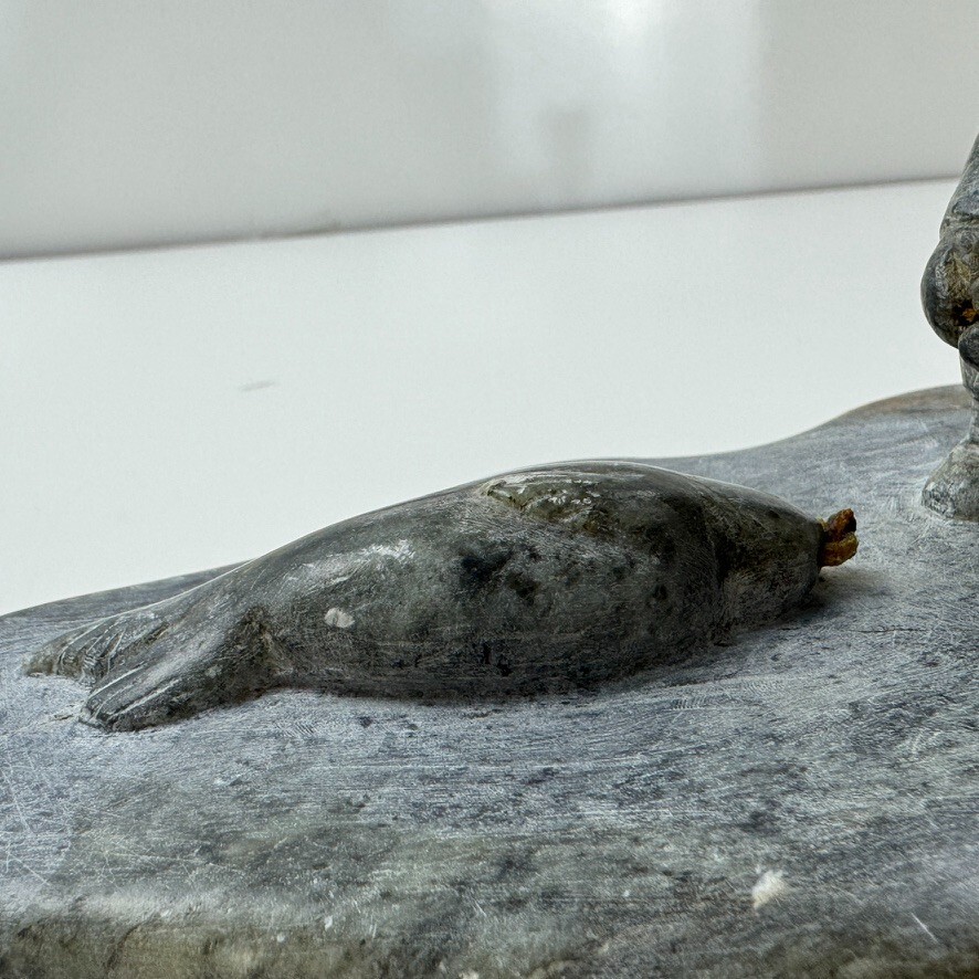 Alaskan Native Vtg Soapstone Tableau Seal & Hunter Contemporary Green Variegated