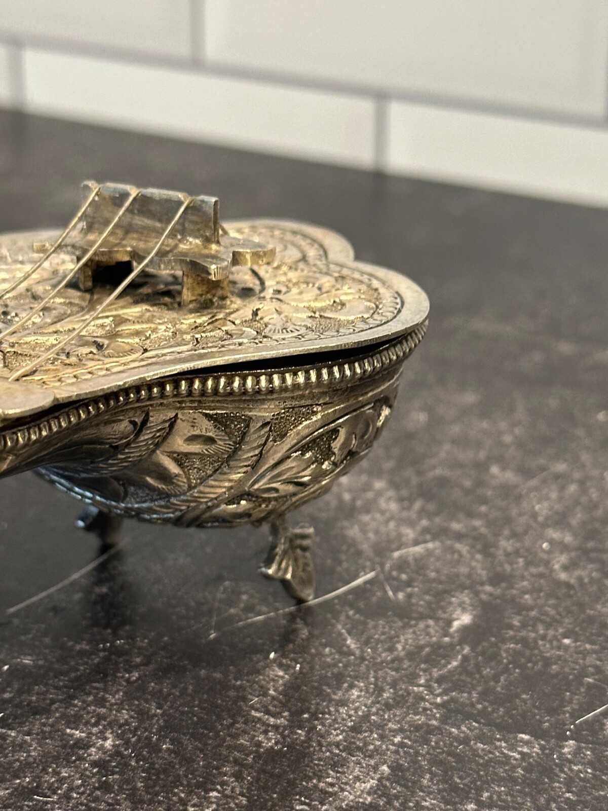 Antique Silver 700 Indian Spice Box /Container Shaped as a Sitar/Stamped