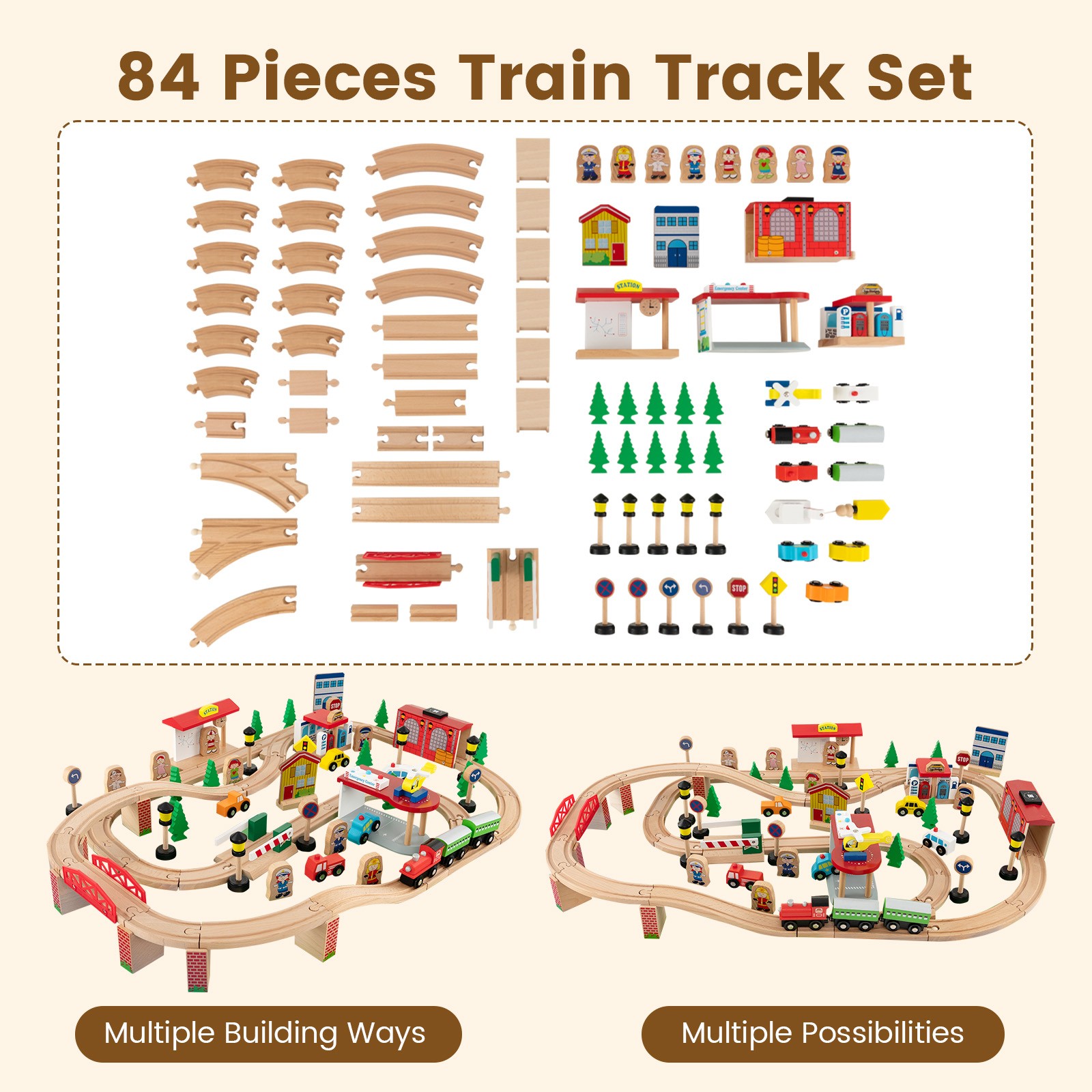 Kids Wooden Train Table Set 84 PCS Playset w/ Reversible Tabletop Storage Drawer