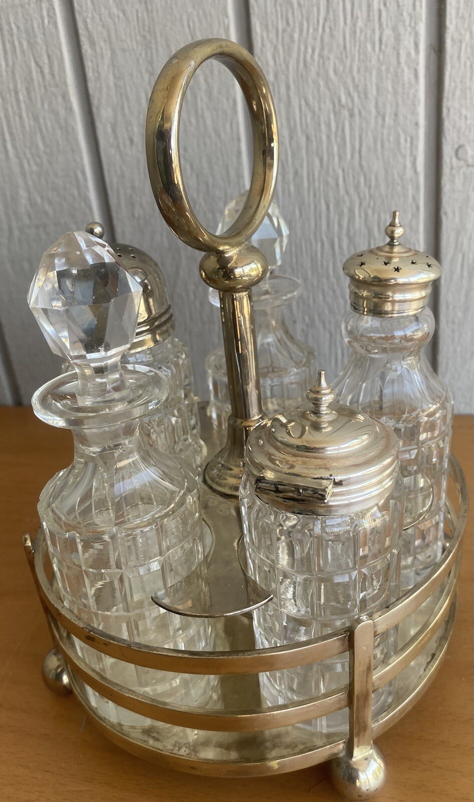 1887 Walker & Hall Victorian Silver Plate Antique Cut Crystal 6 pc Cruet Set