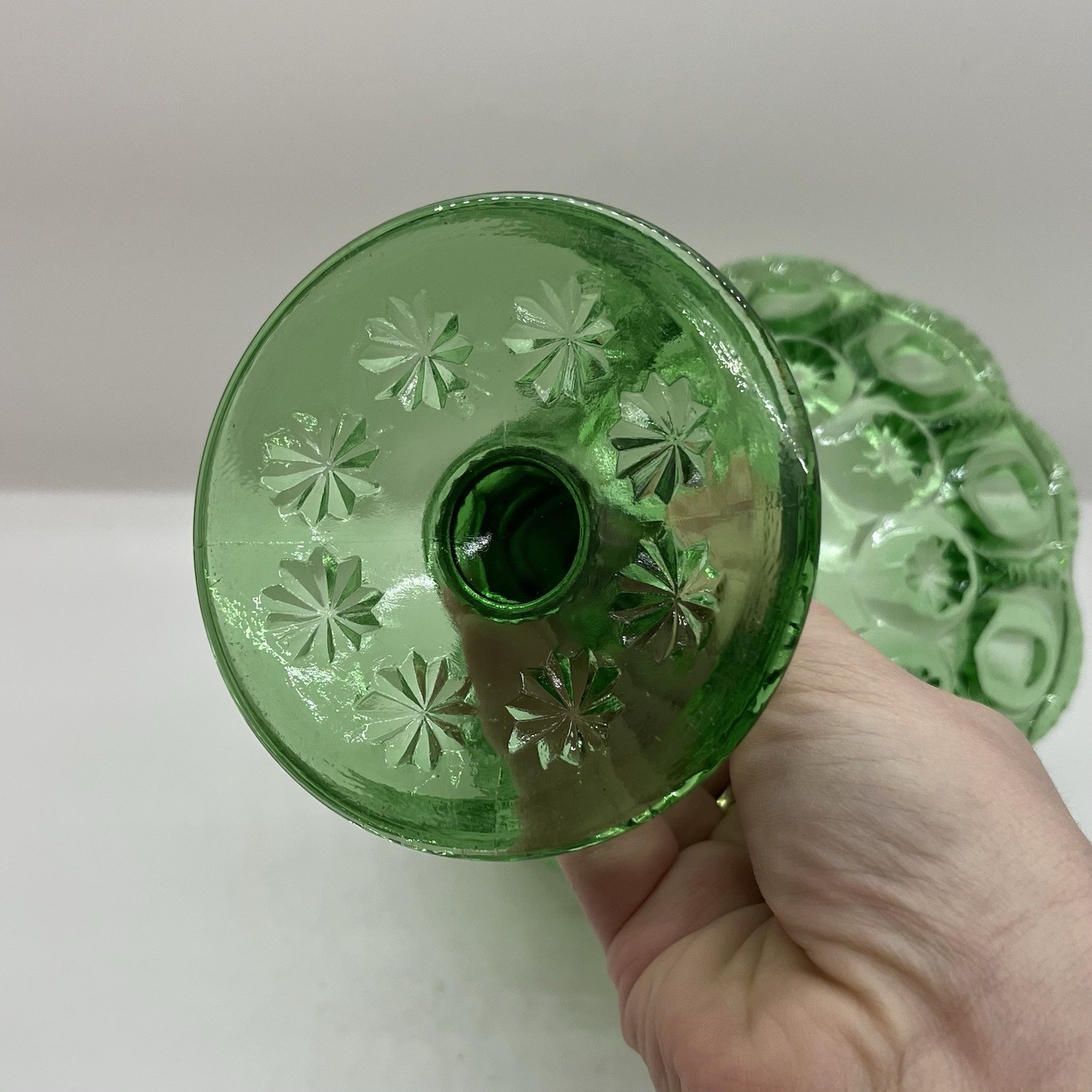 Vintage Fenton LG Wright Moon and Stars Green Glass 5.75" Open Jelly Compote
