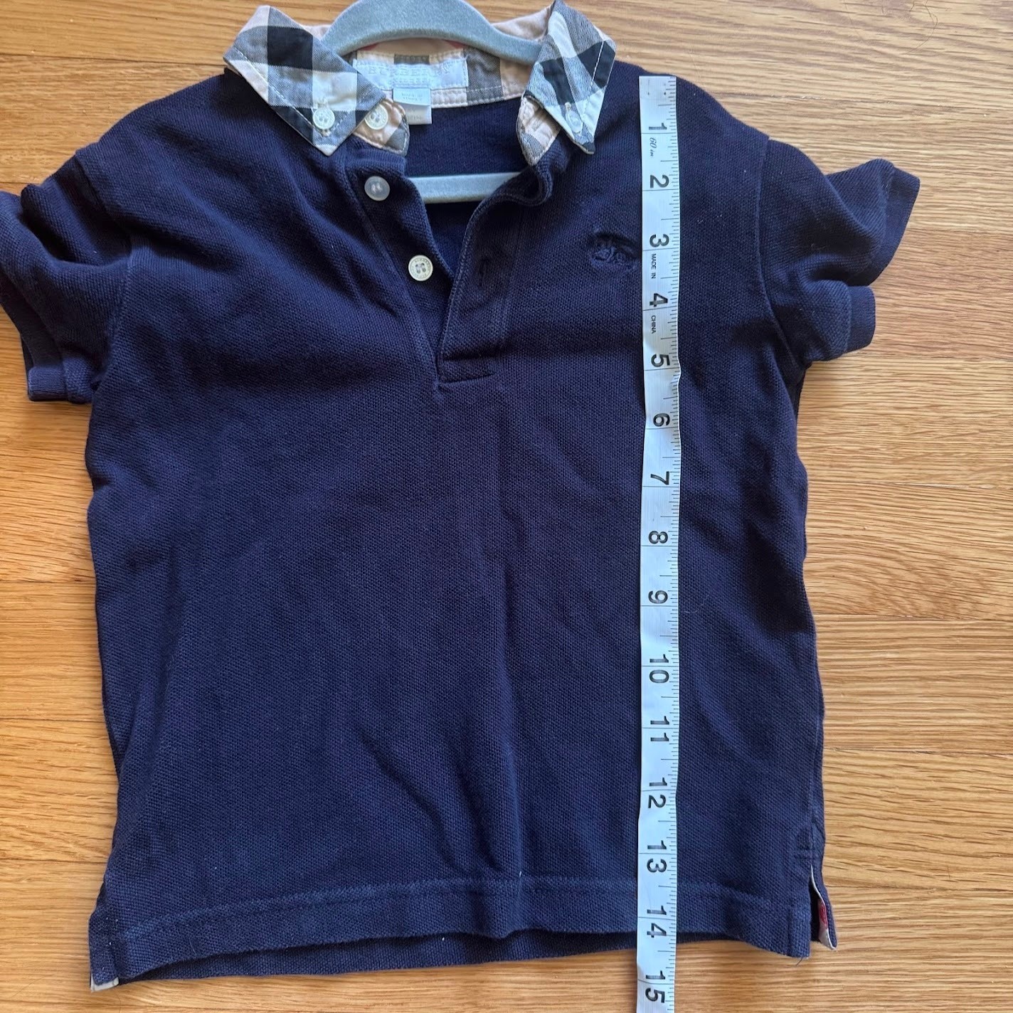 Burberry Children's Navy Blue Button Polo Shirt Plaid Collar Kids Size 4