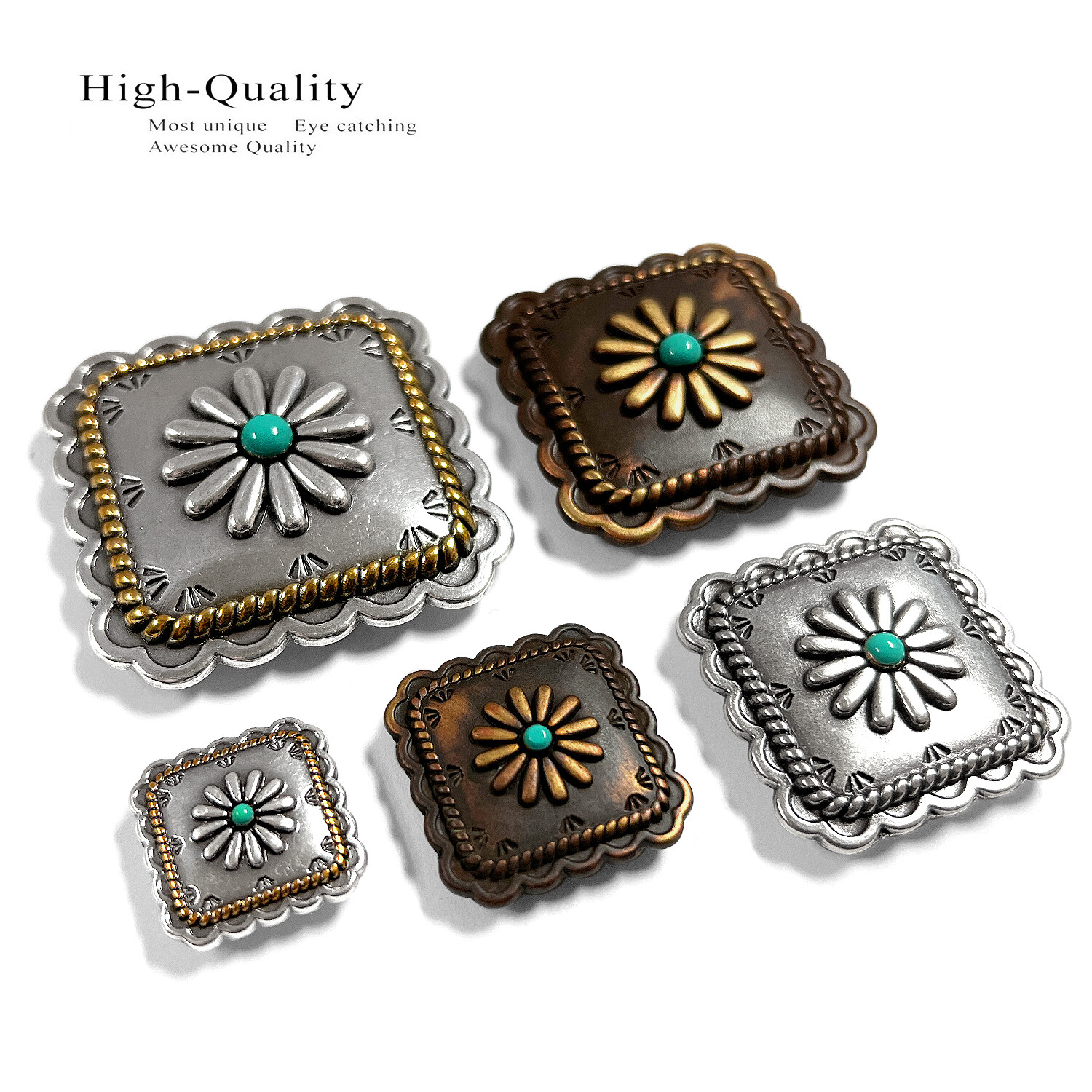 Set of 6 Square Conchos Southwestern Antique Silver Rope Edge Concho Screw Back