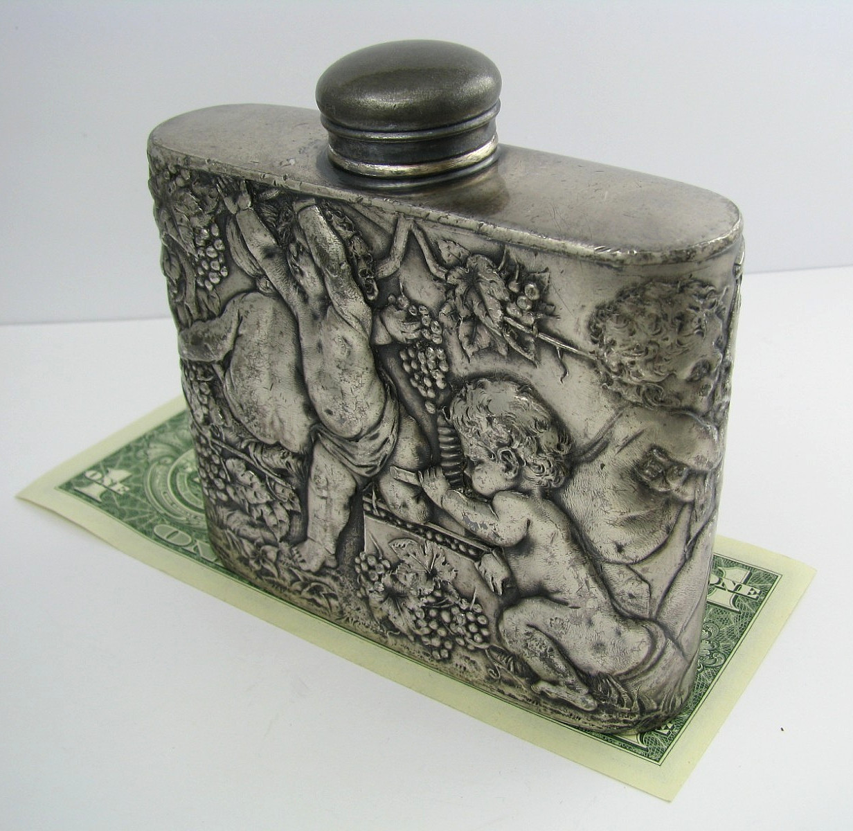 ANTIQUE SILVER PLATED FLASK LIQUOR FLASK Tipsy Cherubs Angels 1870s No Mono Rare