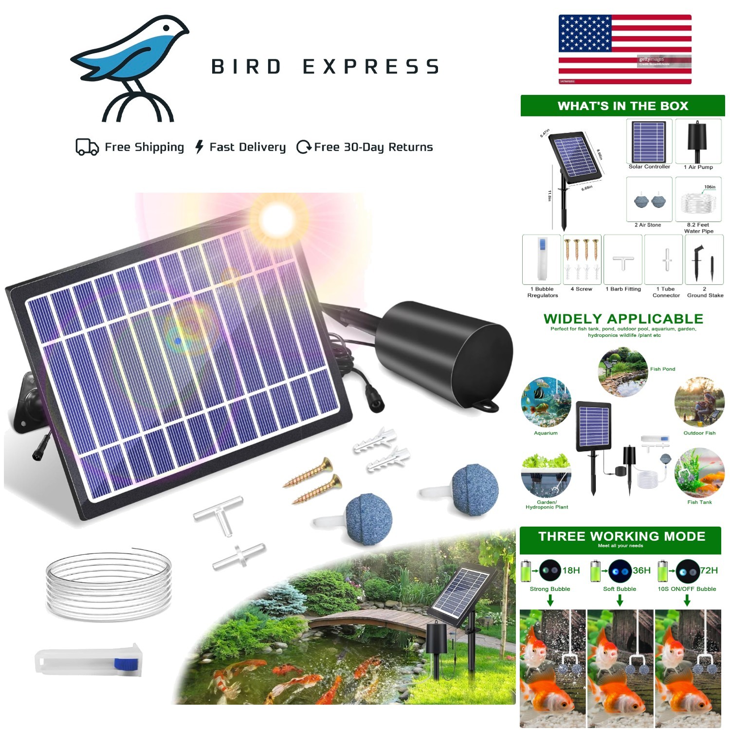 Solar Pond Aerator with Air Pump 3 Modes 4W for Fish Tanks, Ponds, Hydroponics