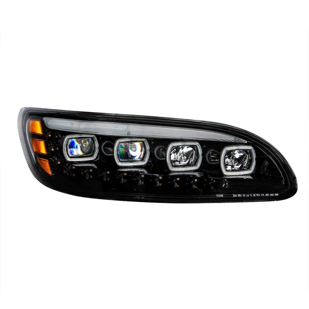 Pair Black Quad-LED Headlights With LED DRL & Sequential Signal For Peterbilt