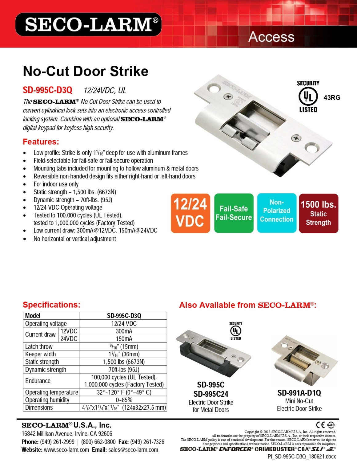 Seco-Larm SD-995C-D3Q No Cut Door Strike, Fail Safe or Fail-secure Operation