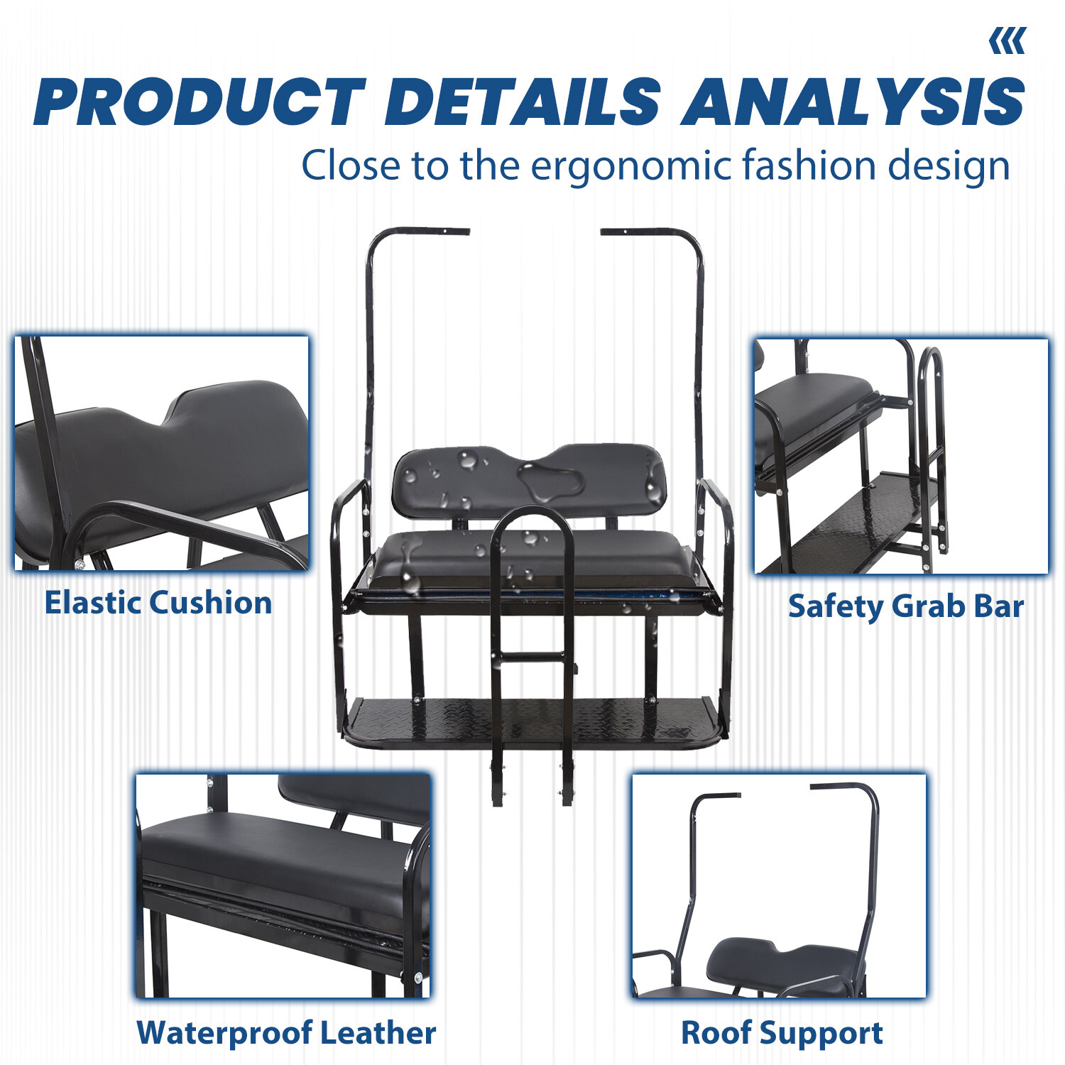 For 1982-2000 Club Car DS Golf Cart Flip Folding Rear Seat Kit w/ Grab Bar black