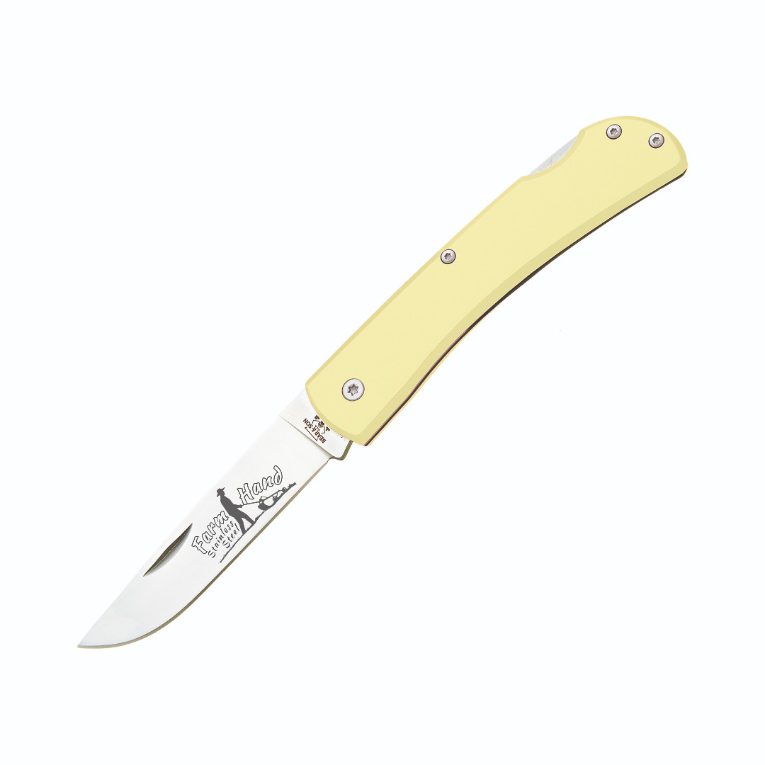 BEAR & SON CUTLERY USA YELLOW DELRIN SMALL FARMHAND LOCKBACK KNIFE STAINLESS