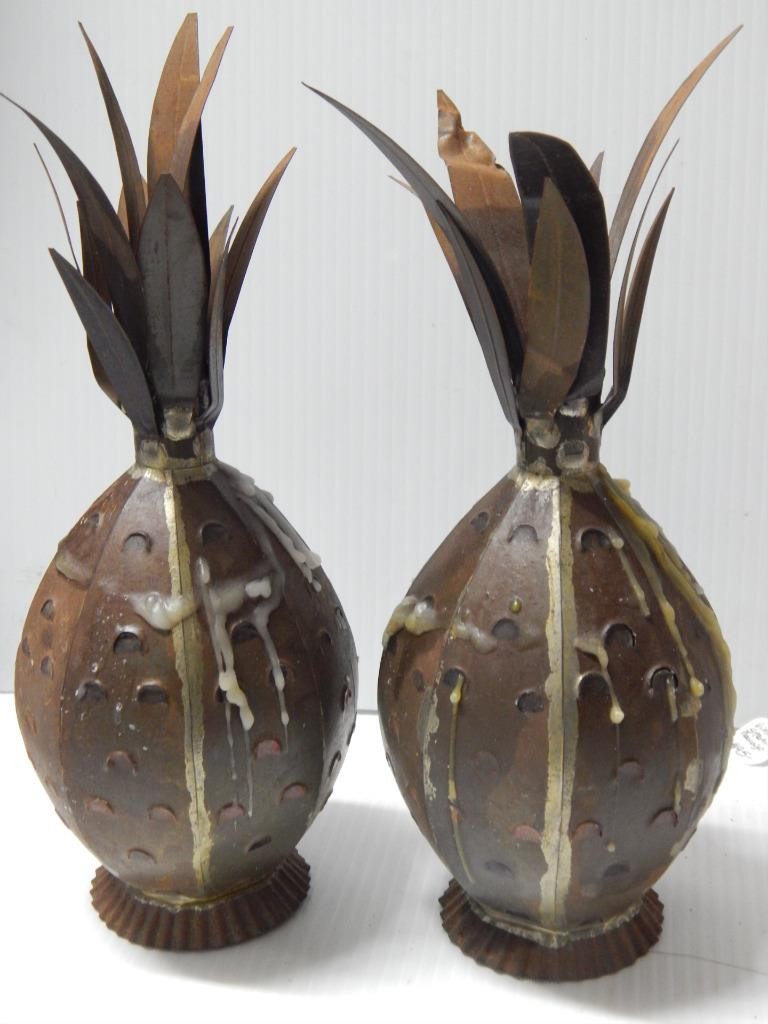 UNIQUE FIND: PAIR OF VINTAGE ANTIQUE MEXICAN TIN PINEAPPLE DSGN CANDLE STICKS