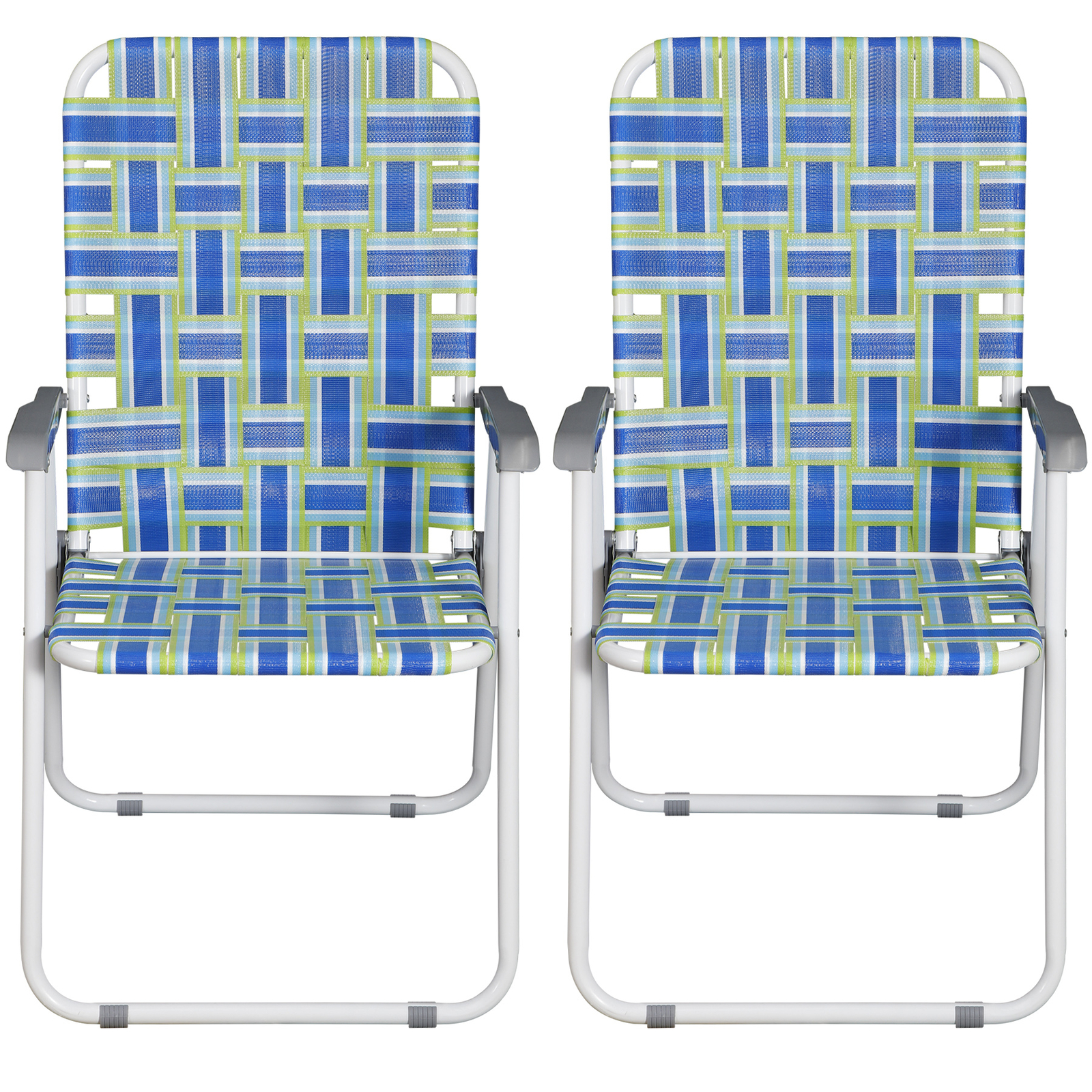 Metal Frame Blue Beach Chairs Set of 2 Webbed Folding Patio Lawn Camping Chairs