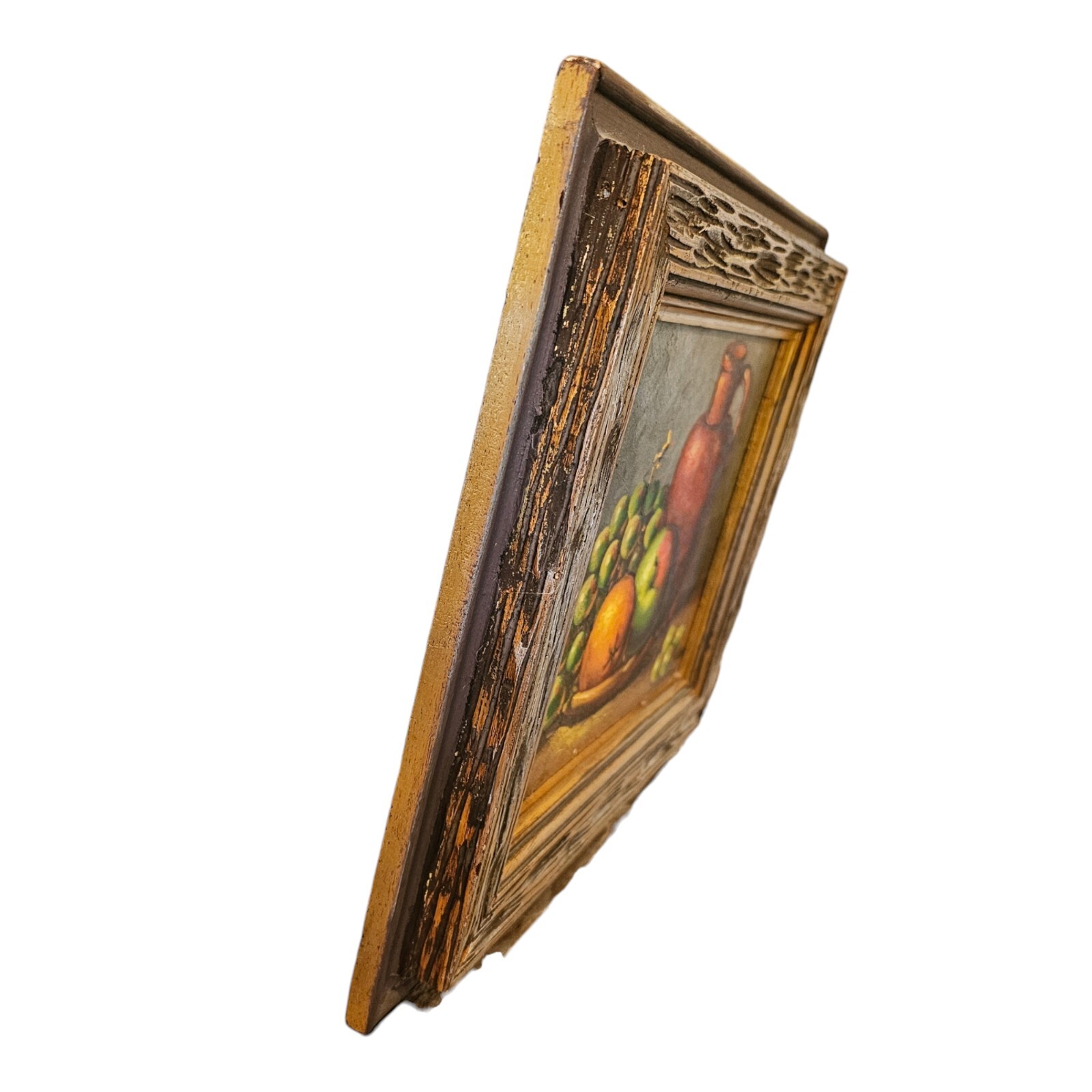 Vintage Still Life Fruit Bowl Oil Painting Apple Canvas Wood Frame Midcentury