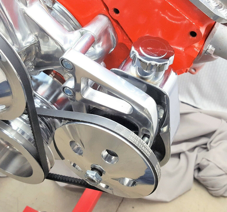 SBC Chevy Chrome Saginaw Power Steering Pump + Aluminum Pulley & Bracket Kit