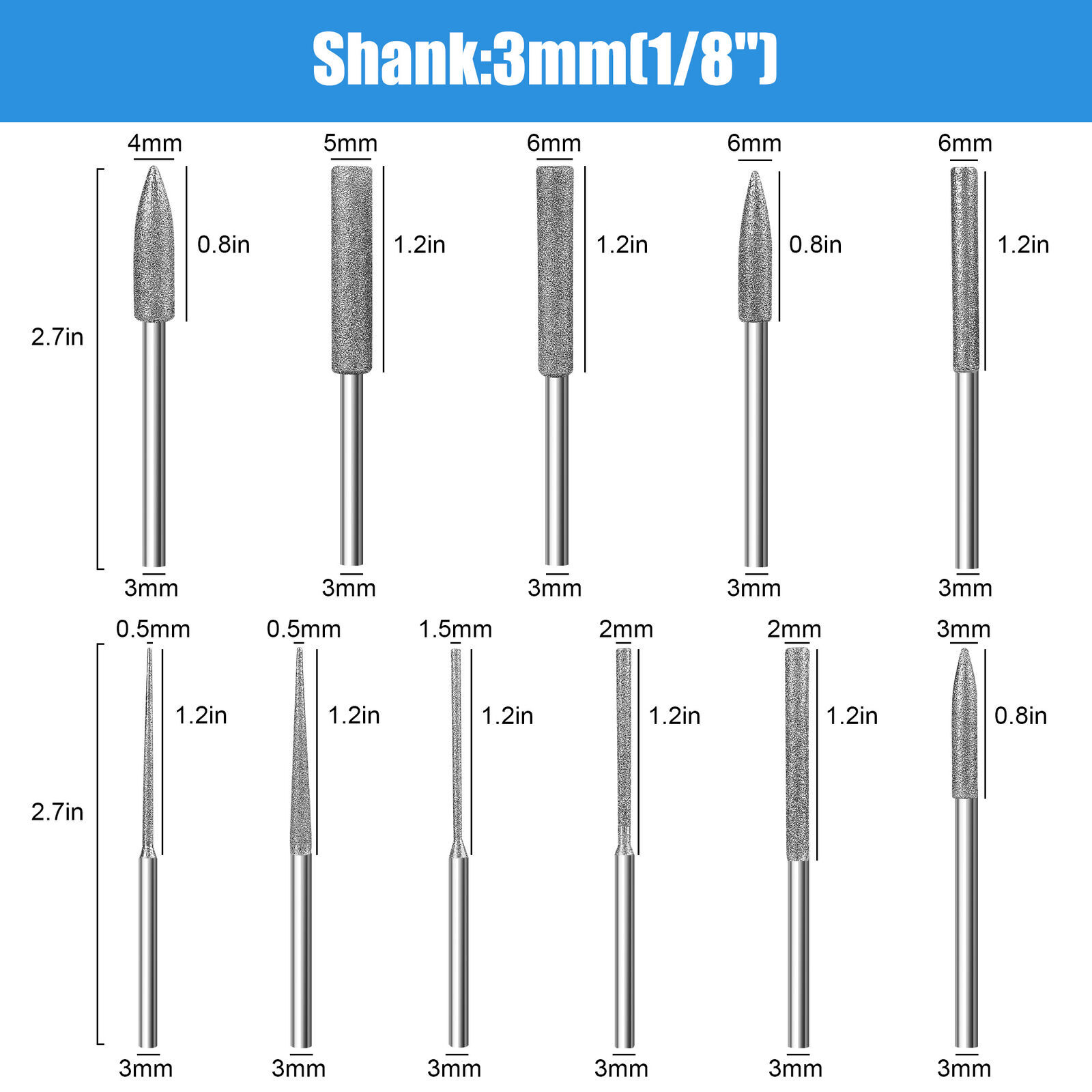 11Pcs Diamond Burr Stone Carving Grinding Bits 1/8" Shank for Dremel Rotary Tool