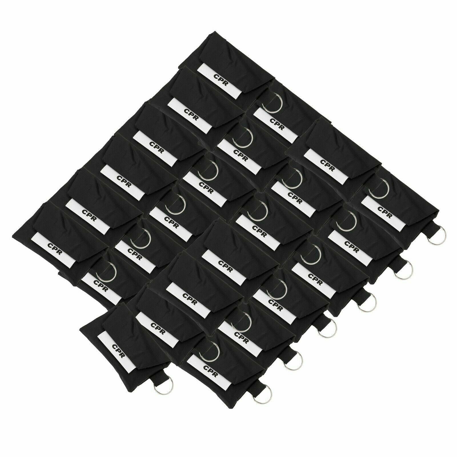 25 PACK of CPR Kits - One Way Valve Face Shield Mask + Gloves + Keychain Pouch