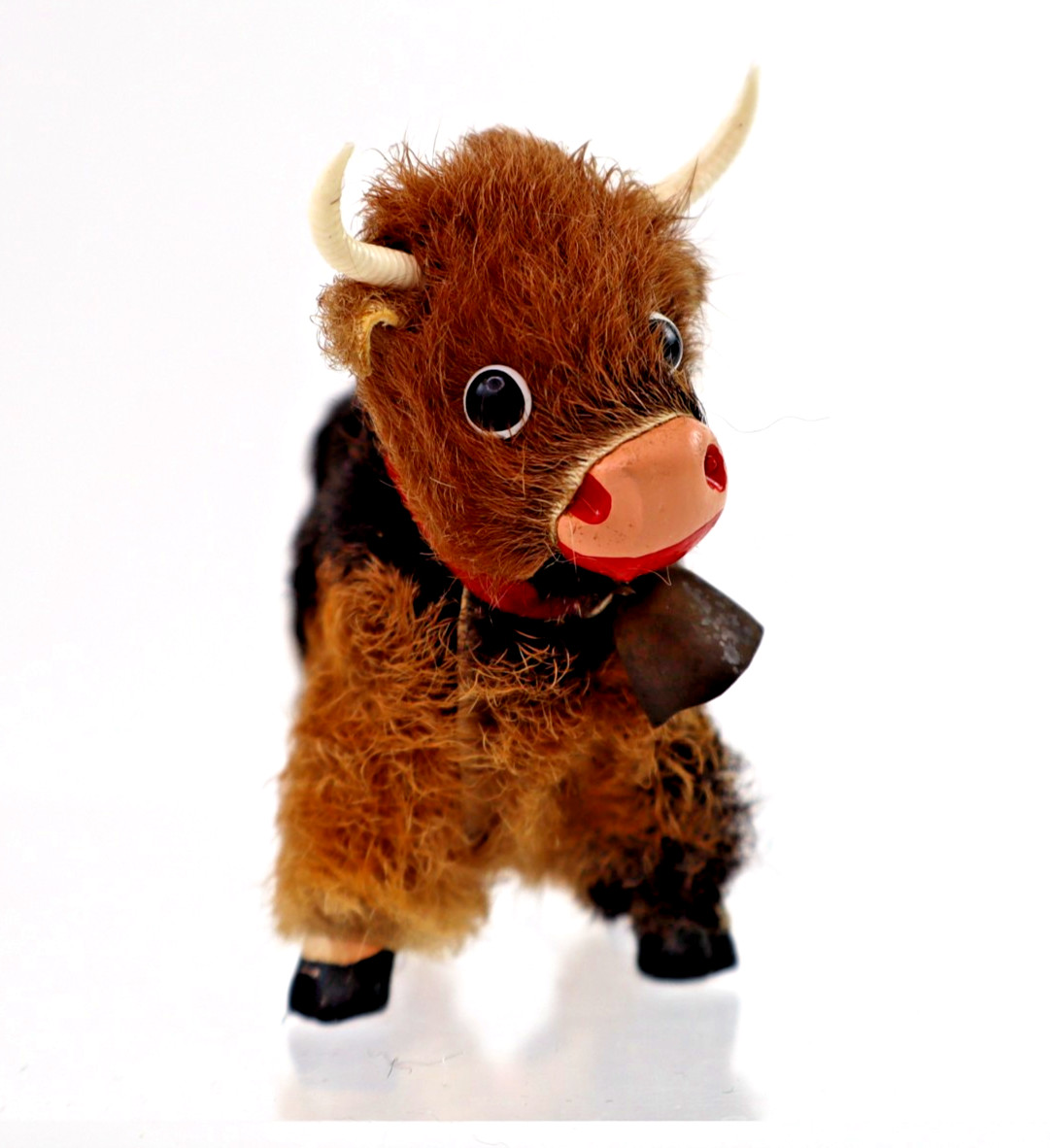 vintage Original Fur Toys miniature Cow Bull figure w/ tags bell W. Germany 3"