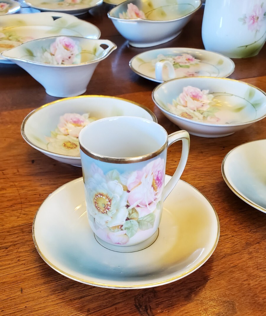 Antique Chocolate Set, Germany, Hand Painted W/Roses, Massive 34 Piece Set!