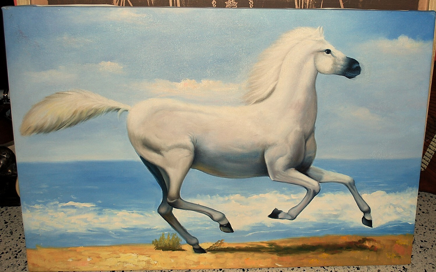 HORSE RUNNING ALONG OCEAN Original Art ACRYLIC PAINTING/CANVAS Signed 36" x 24"