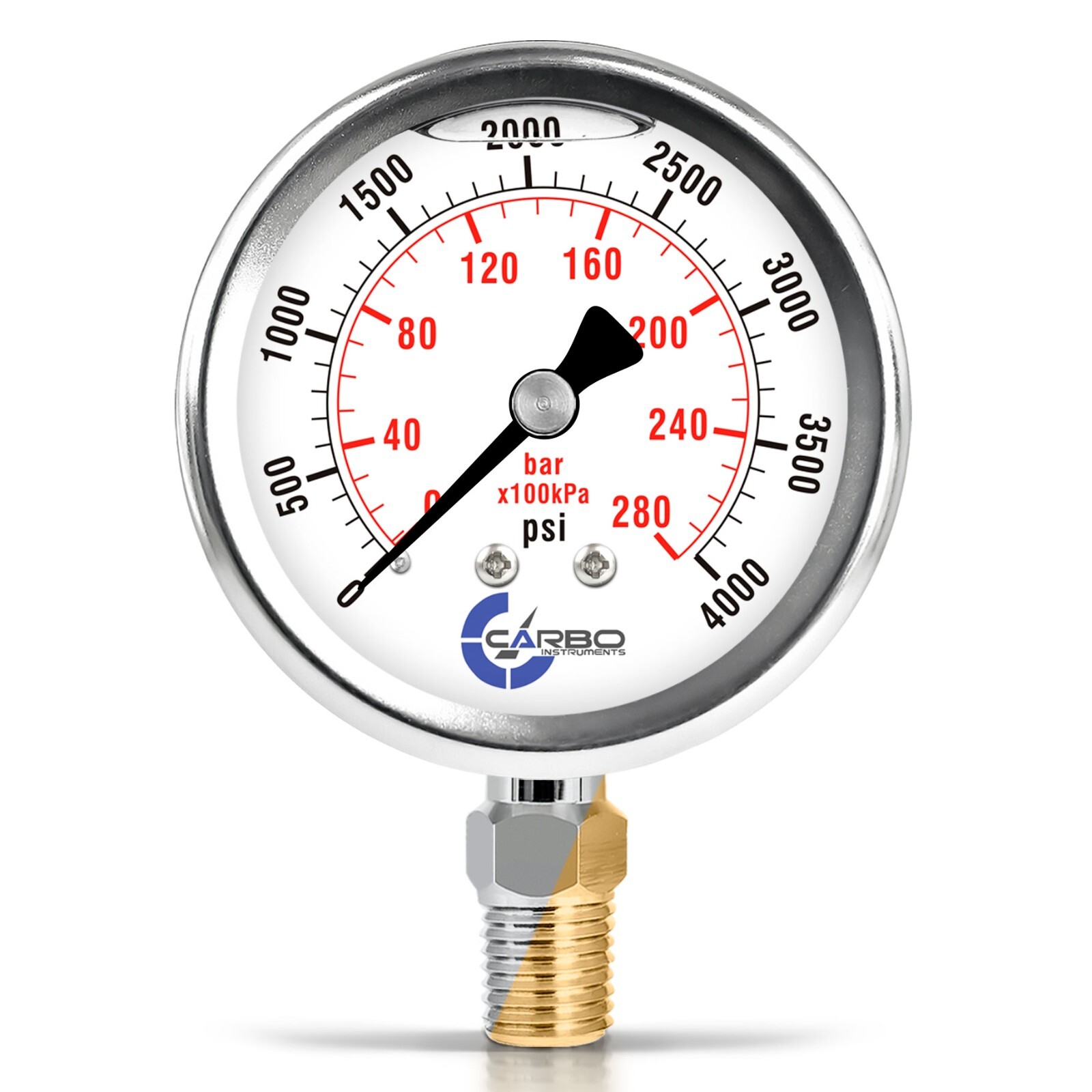 2.5" LIQUID FILLED PRESSURE GAUGE 0 - 4000 PSI, STAINLESS STEEL CASE LOWER MOUNT
