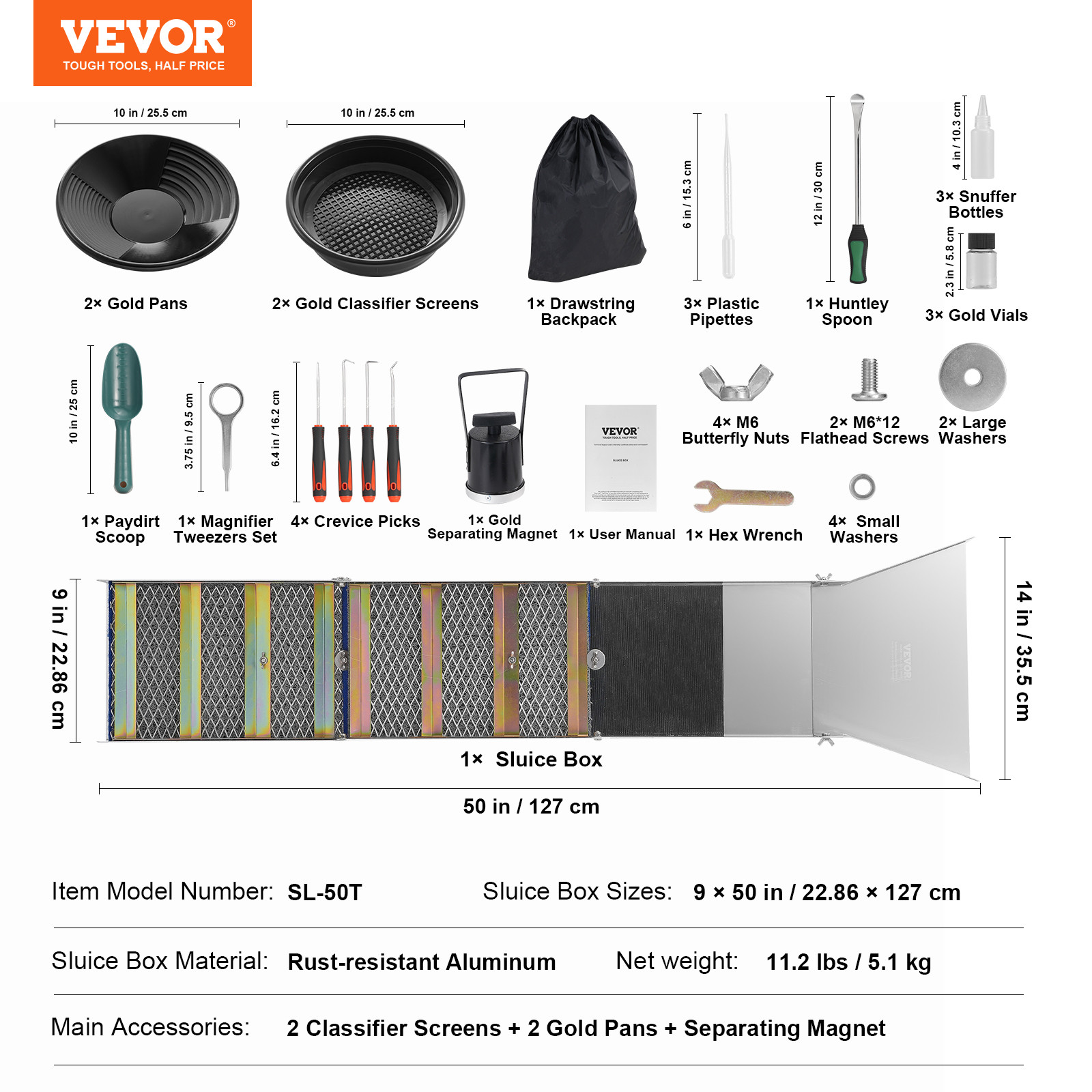 VEVOR Gold Panning Kit With Sluice Box 50" Aluminum Gold Mining Equipment 23 PCS