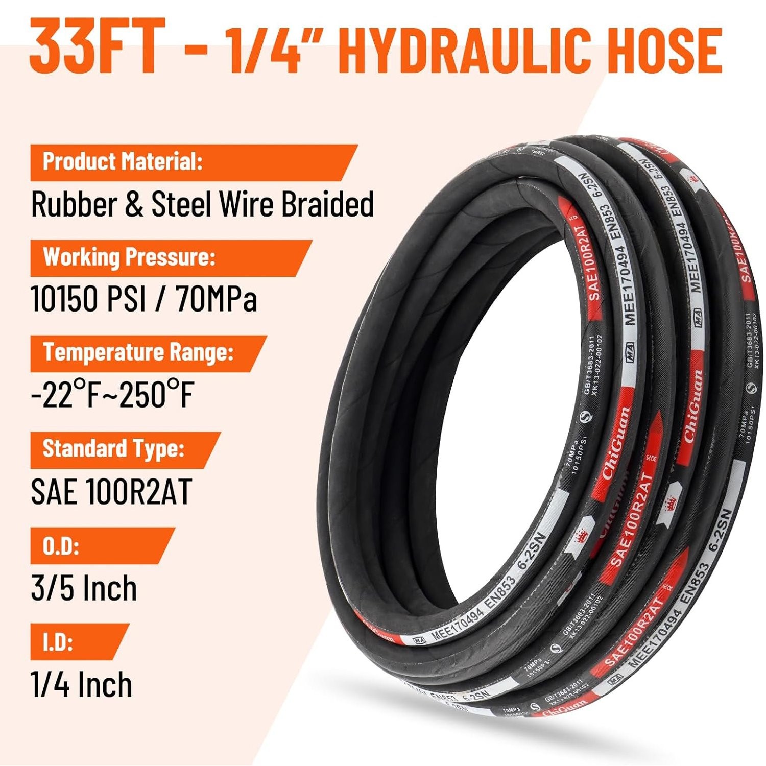 Hydraulic Hose Kit 33FT Hose + Straight & 90° 1/4" JIC & 1/4" NPTF Male Fittings