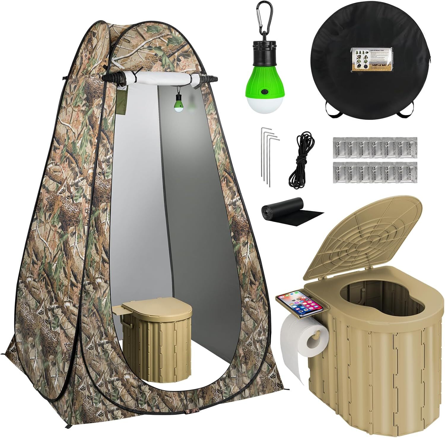 Portable Toilet for Camping with Pop-Up Privacy Tent and Liquid Waste Gel+LED