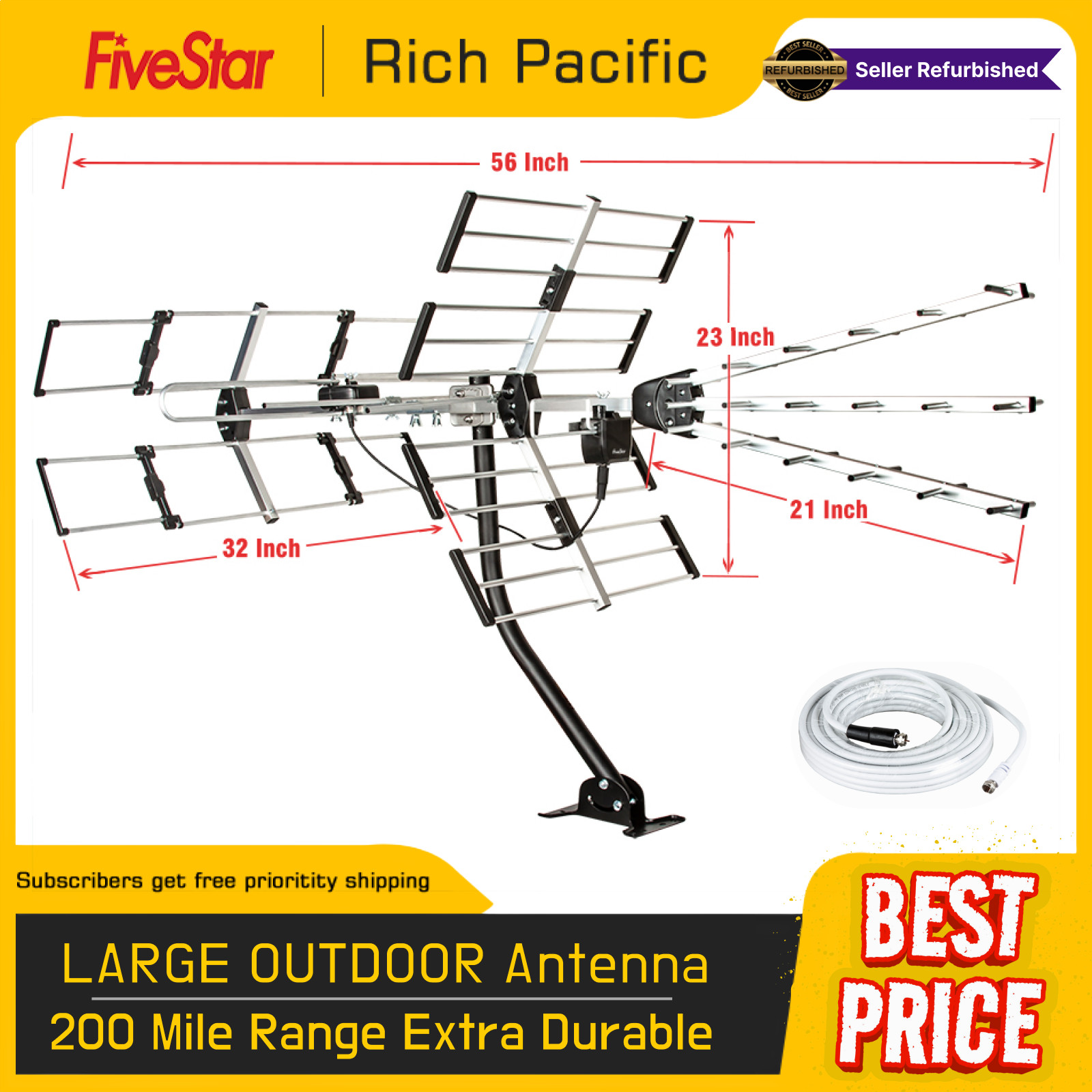 Yagi Outdoor Antenna 24 Elements 2024 Long Range 4K ATSC 3 UHF VHF Best Signal