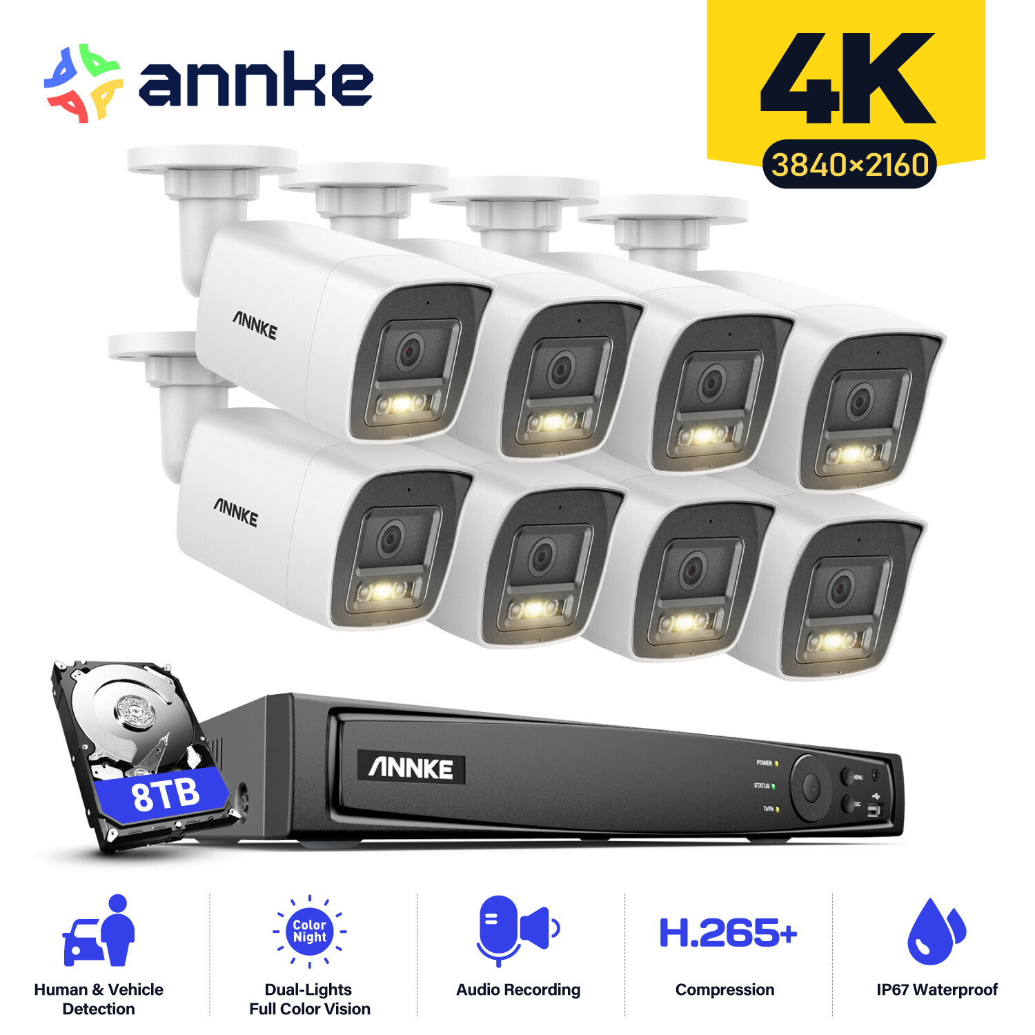 ANNKE 12MP 8CH POE NVR 4K AI Color Night Security Camera System Audio Recording