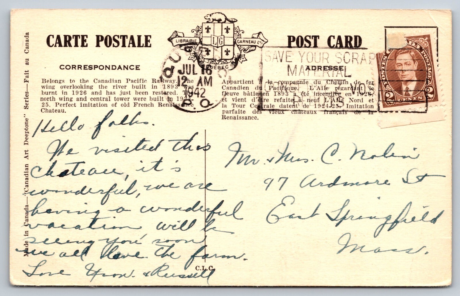 Quebec City 1942 Save Your Scrap Material Bilingual Slogan Cancel Cover Postcard